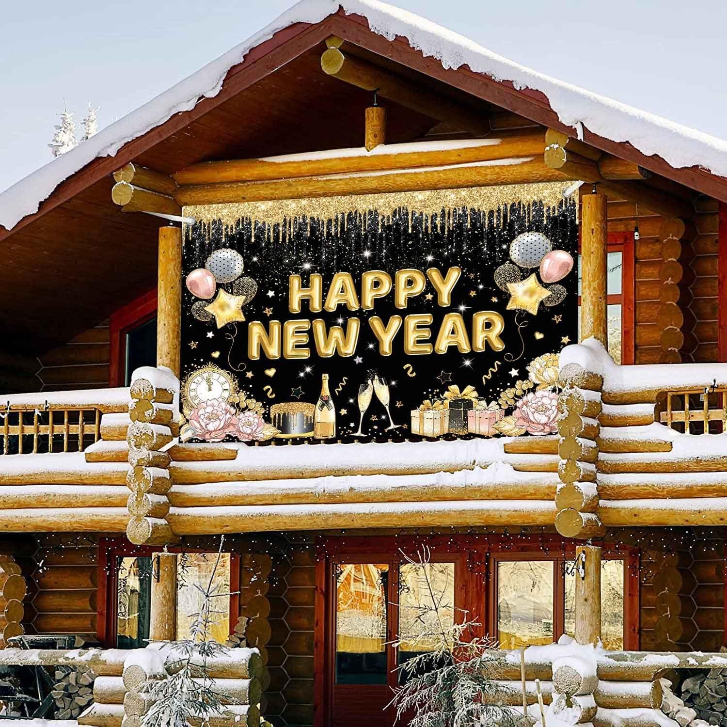 Happy New Year Banner Backdrop for New Years Decorations 2026 Large Black and…