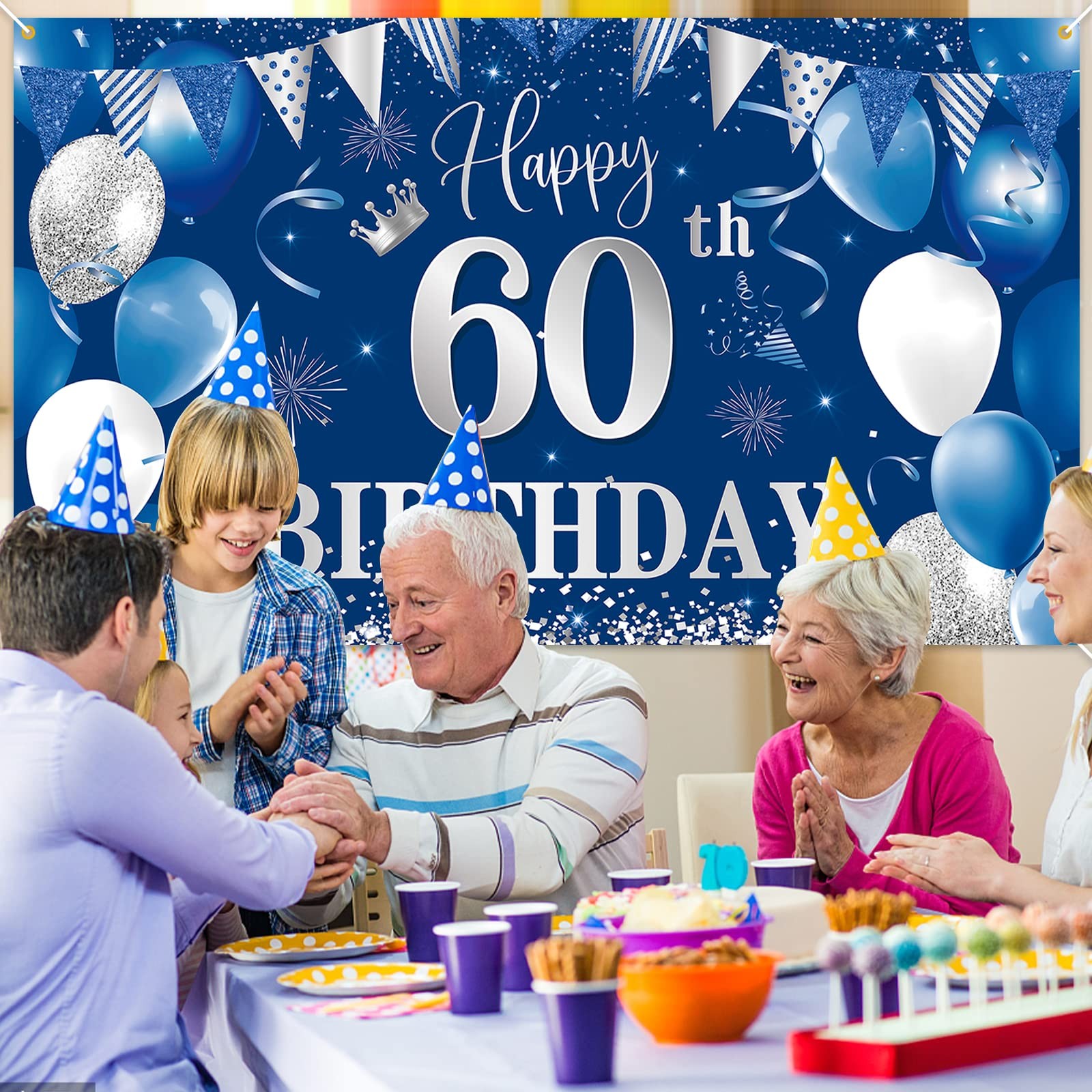 60th Birthday Banner Backdrop,BTZO Happy One Size, Blue Silver 60