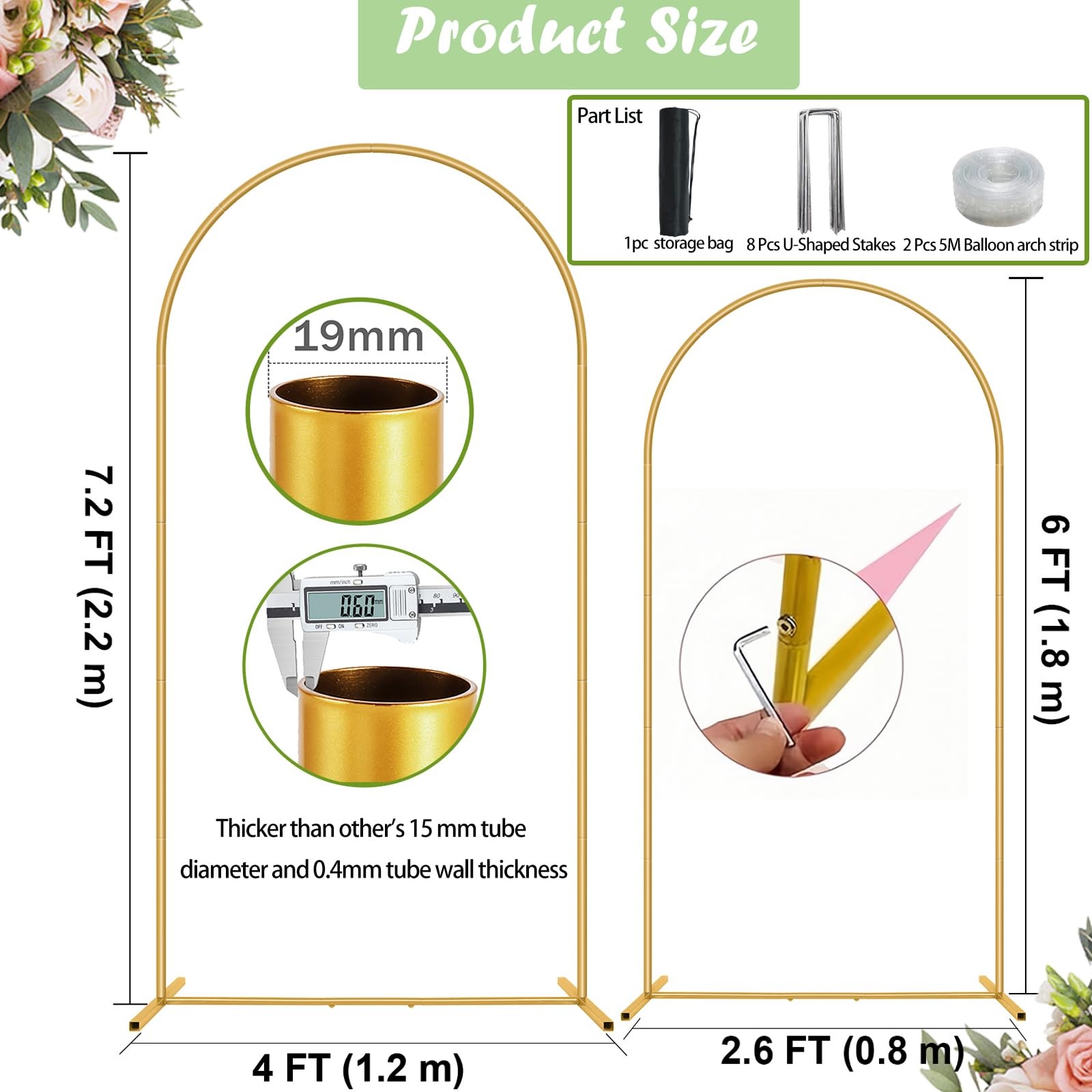 Metal Arch Backdrop Stand 7.2FT+6FT Wedding Arch Backdrop Stand Set of 2 Gold…