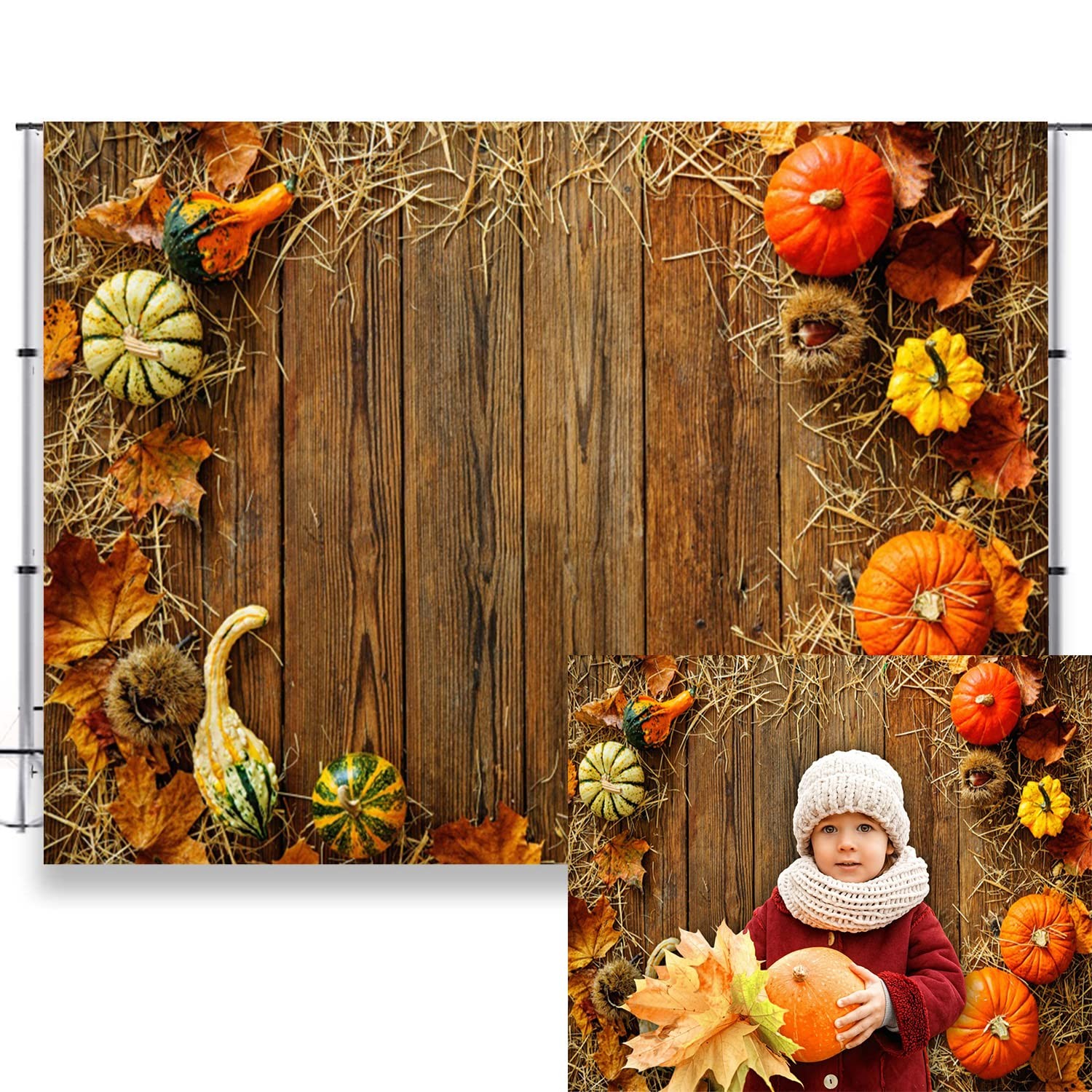 7x5ft Fall Harvest Backdrop Brown Grunge Wood Board Pumpkins Dry Hay Leaves