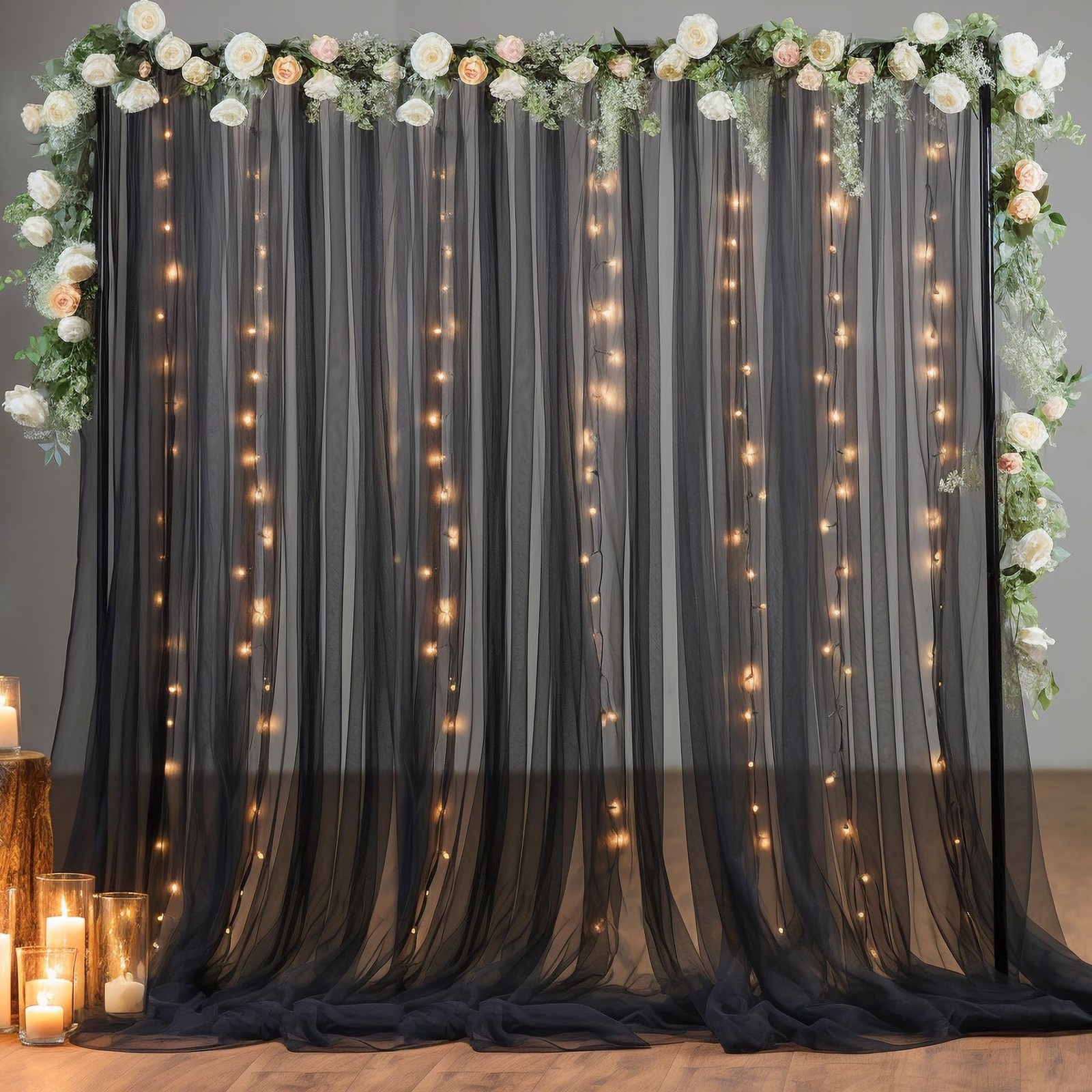 10×10ft Black Tulle Backdrop Curtain with Lights String for Parites, Sheer Ph…