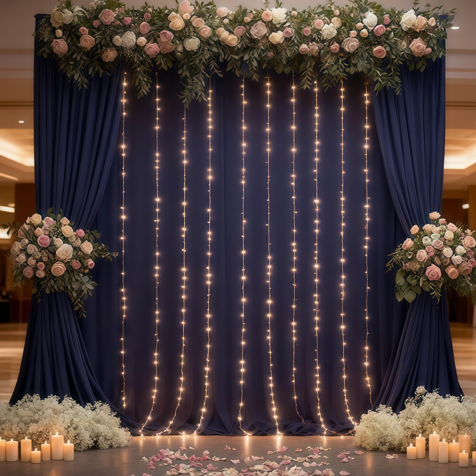 2 Panels 5x10ft Navy Blue Backdrop Curtains Set With Lights String Set
