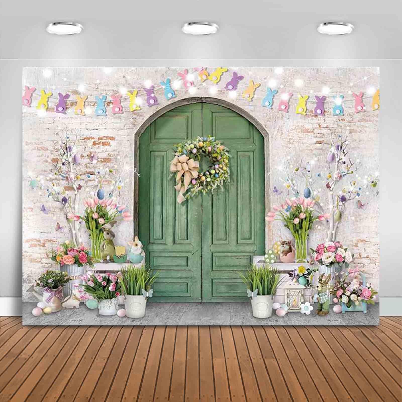 Easter Backdrop Green Wooden Doors Brick Wall Bunny Rabbit Spring Photography B