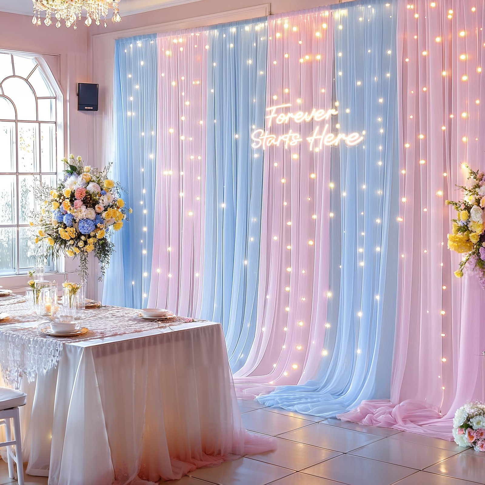 10×10ft Pink Blue Tulle Backdrop Curtain with Lights String for Parties, Shee…