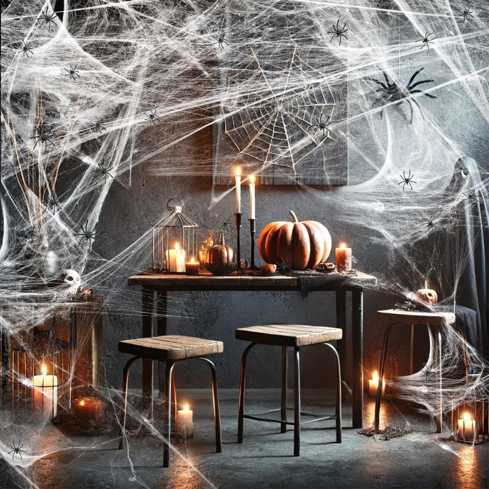 Telarañas de Halloween de 1200 pies cuadrados y 50 arañas falsas decorativas