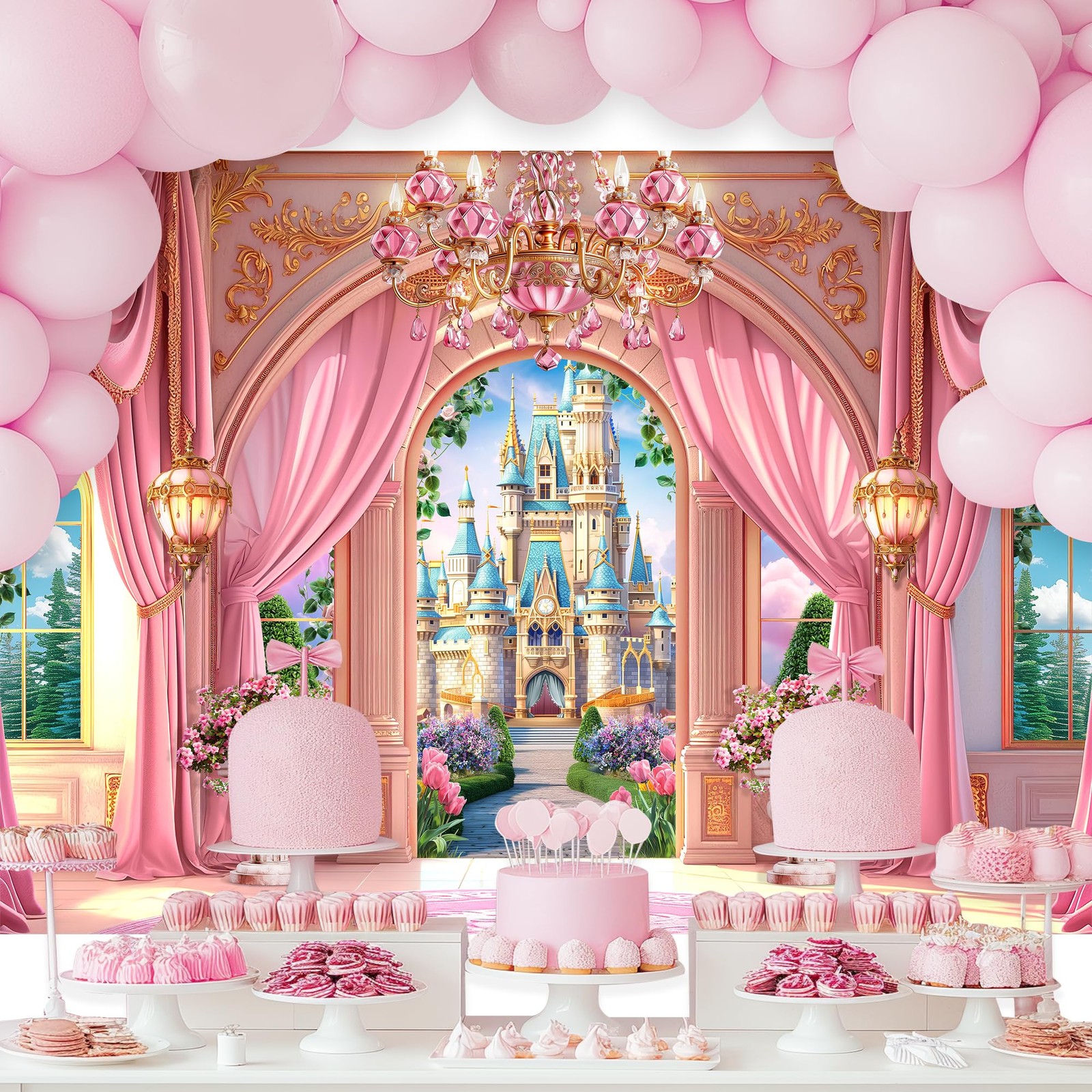 Princess Castle Garden Backdrop 8Wx6H Photography Pink Palace Curtain Crystal…