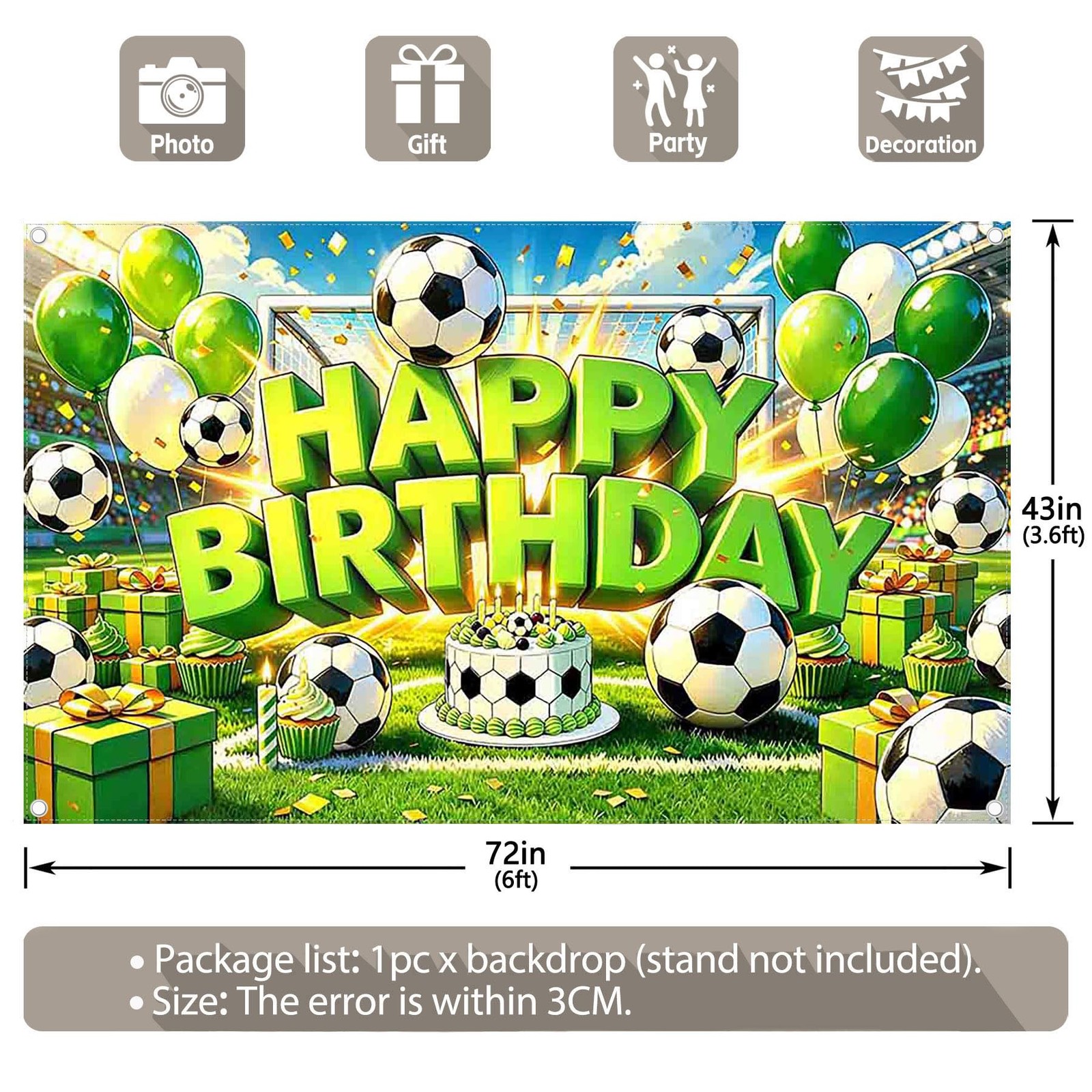 72x43inch Green Soccer Happy Birthday Backdrop Cartoon Football Game Cake Bal…