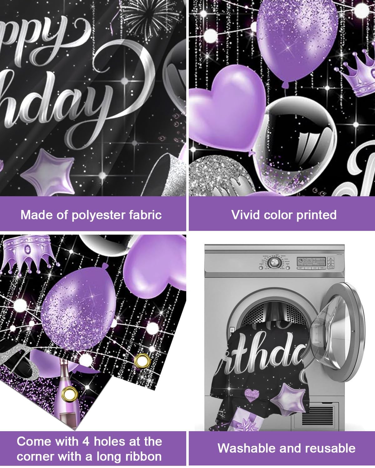 Purple Birthday Backdrop for Woman Glitter Sliver Purple Happy Birthday Party Ba