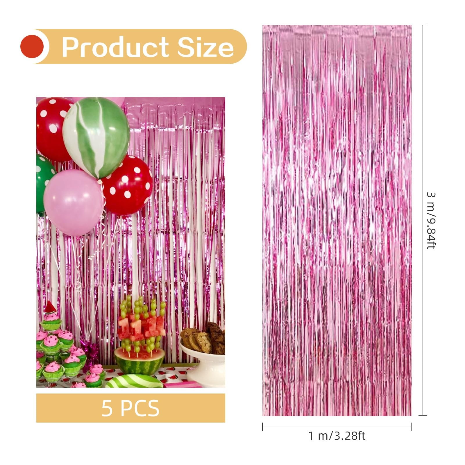 5 PCS Pink Foil Curtain Backdrop Metallic Tinsel Fringe Streamer 3.2×9.8 FT