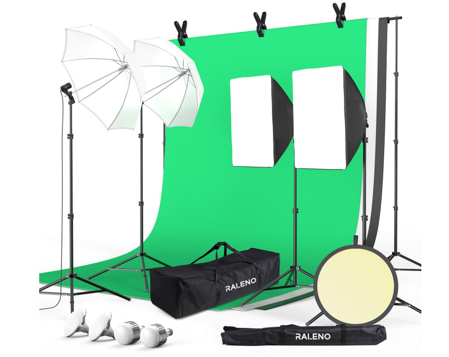 Kit Iluminación Fotografía con Pantalla Verde Softbox y Soportes 8.5x10FT. Nuevo
