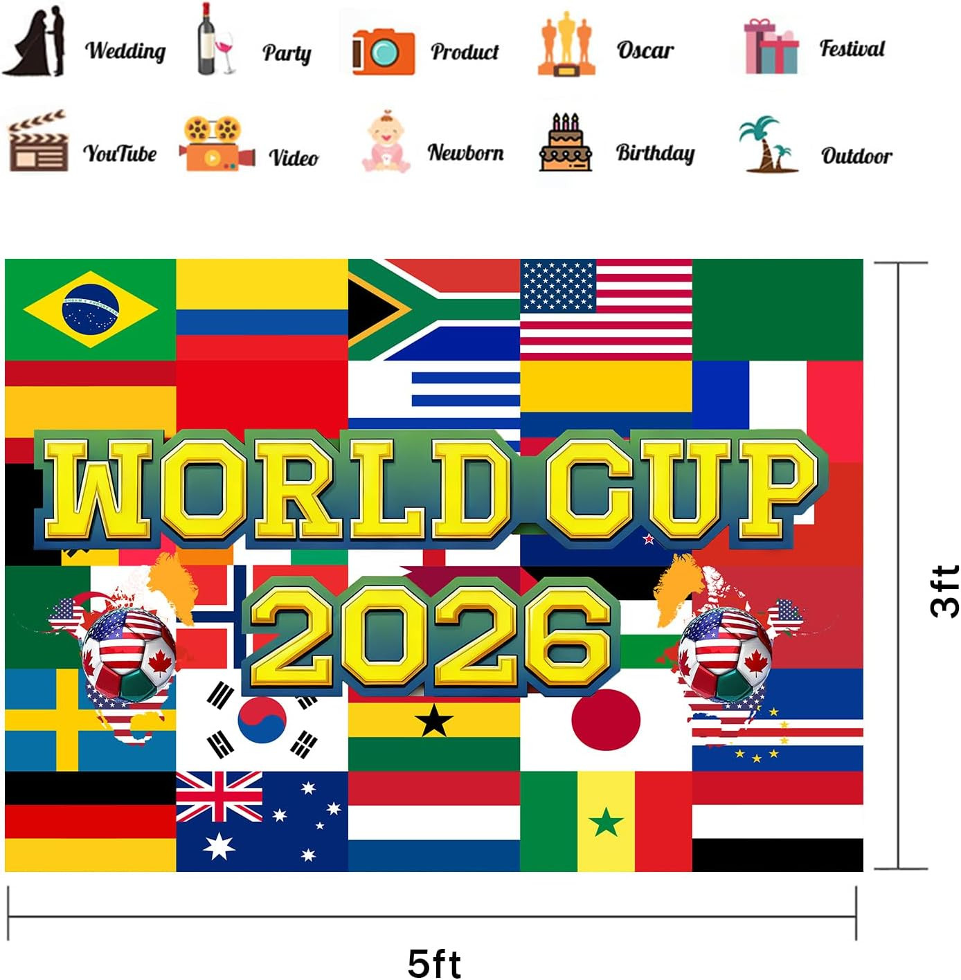 World Football Cup Tournament Backdrop 5x3ft 2026 World Soccer Sport Themed S…