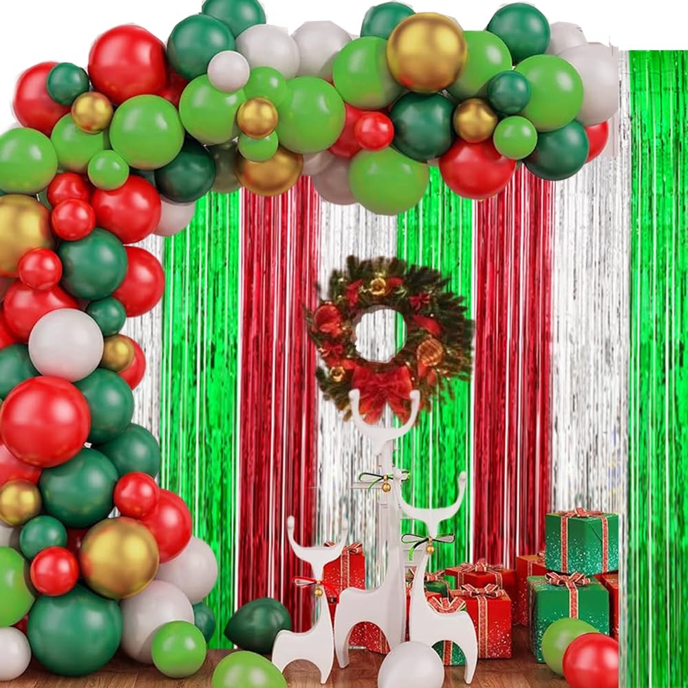 3 PCS 3.3×6.56ft Christmas Party Backdrop Red Green Silver Foil Fringe Curtain