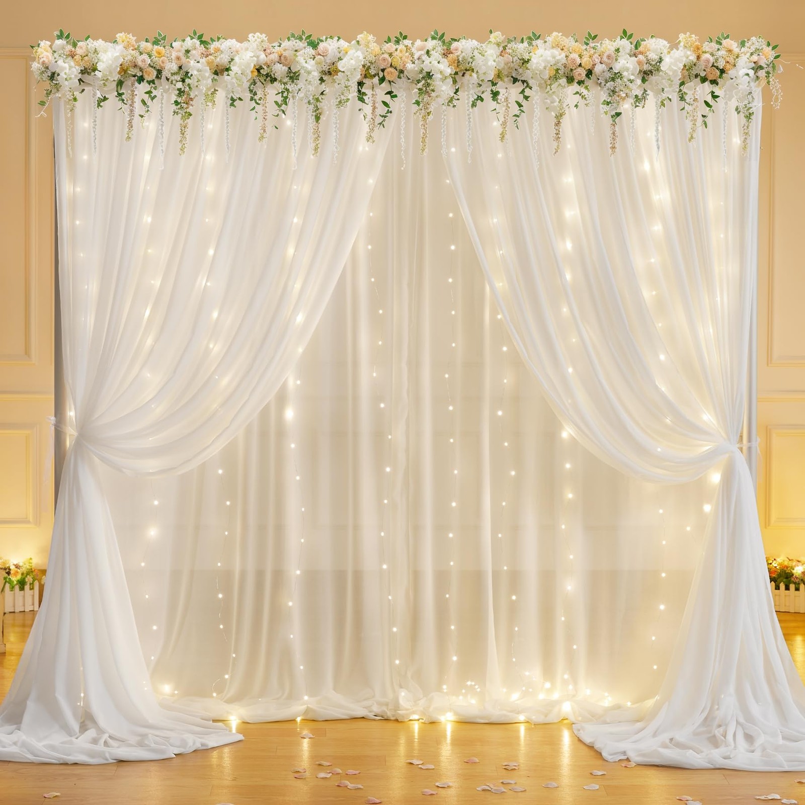 10x7FT Cream White Chiffon Wrinkle Free Backdrop Curtain String Lights Wedding