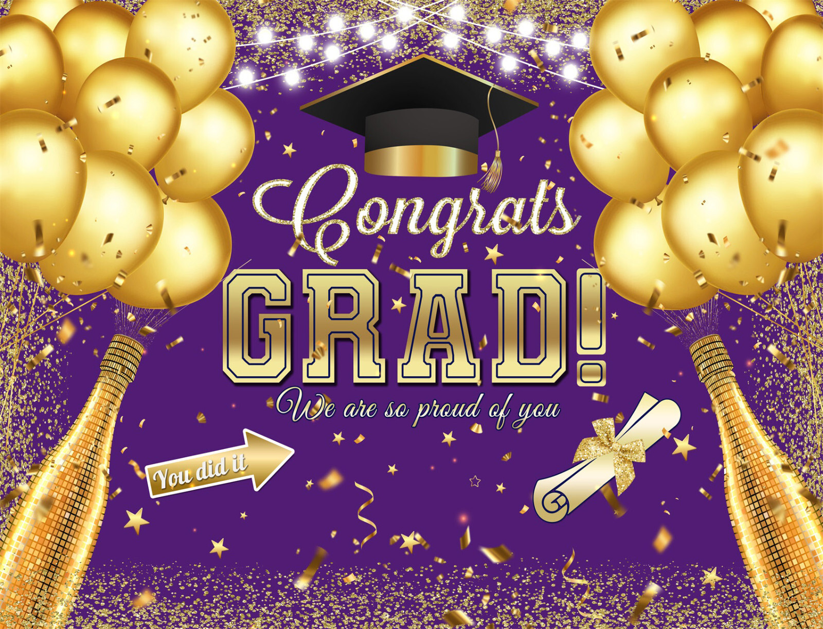 10x8ft Gold Balloon Graduation Party on Purple Photo Background Studio Props