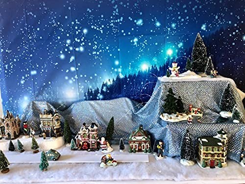 7x5ft Christmas Backdrop Rustic Village Night View Forest Trees Snowing Shini…