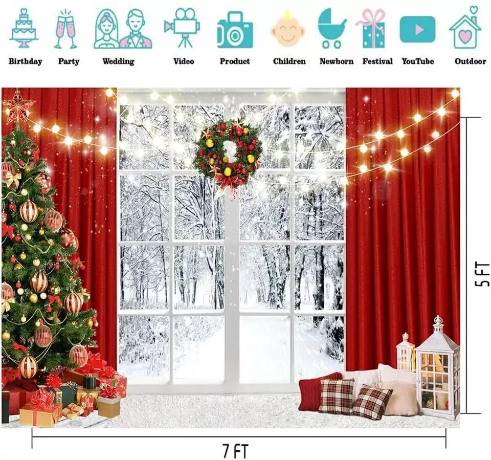 7X5Ft Christmas Window Backdrop for Photography Winter Snow Scene Xmas Pa