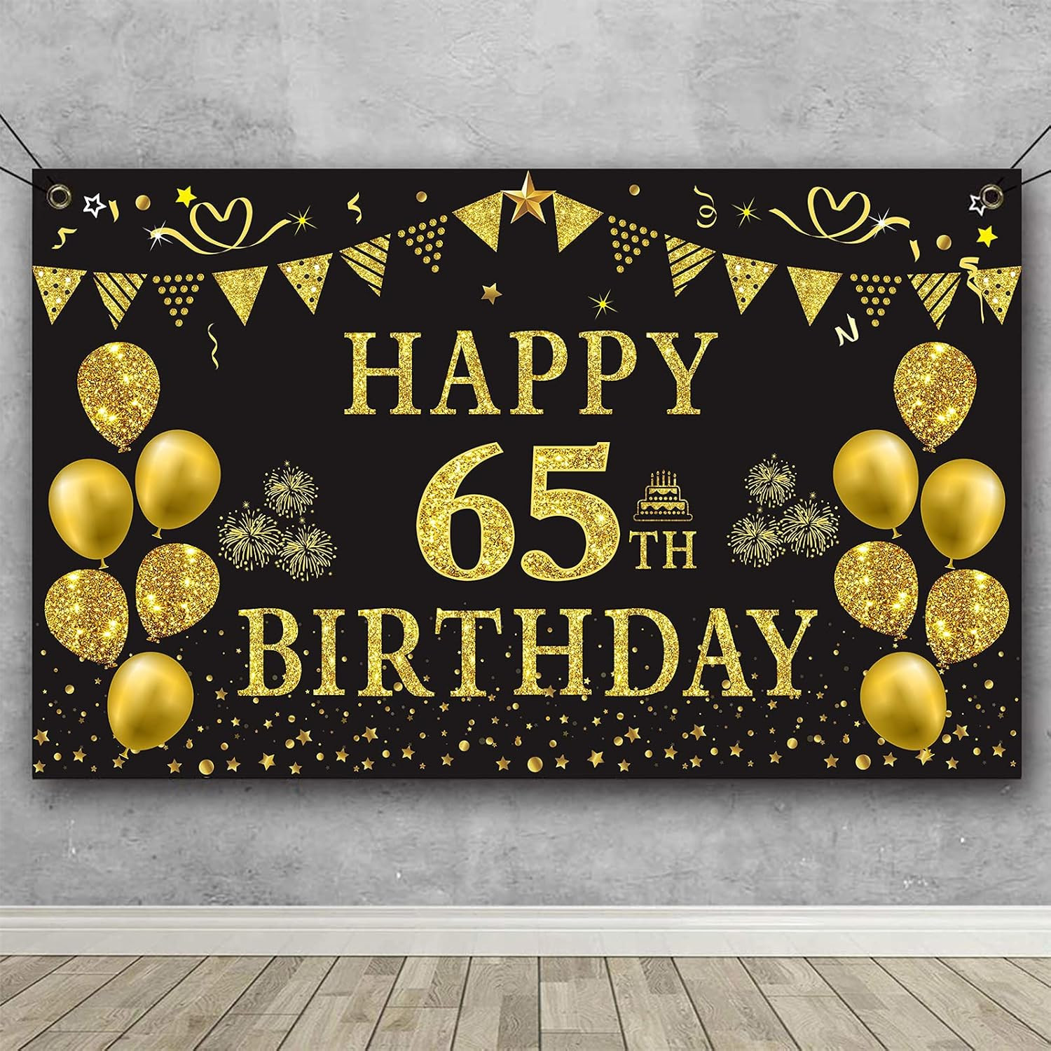 65th Birthday Backdrop Gold and Black 5.9 X 3.6 Fts Happy Birthday Party Deco…