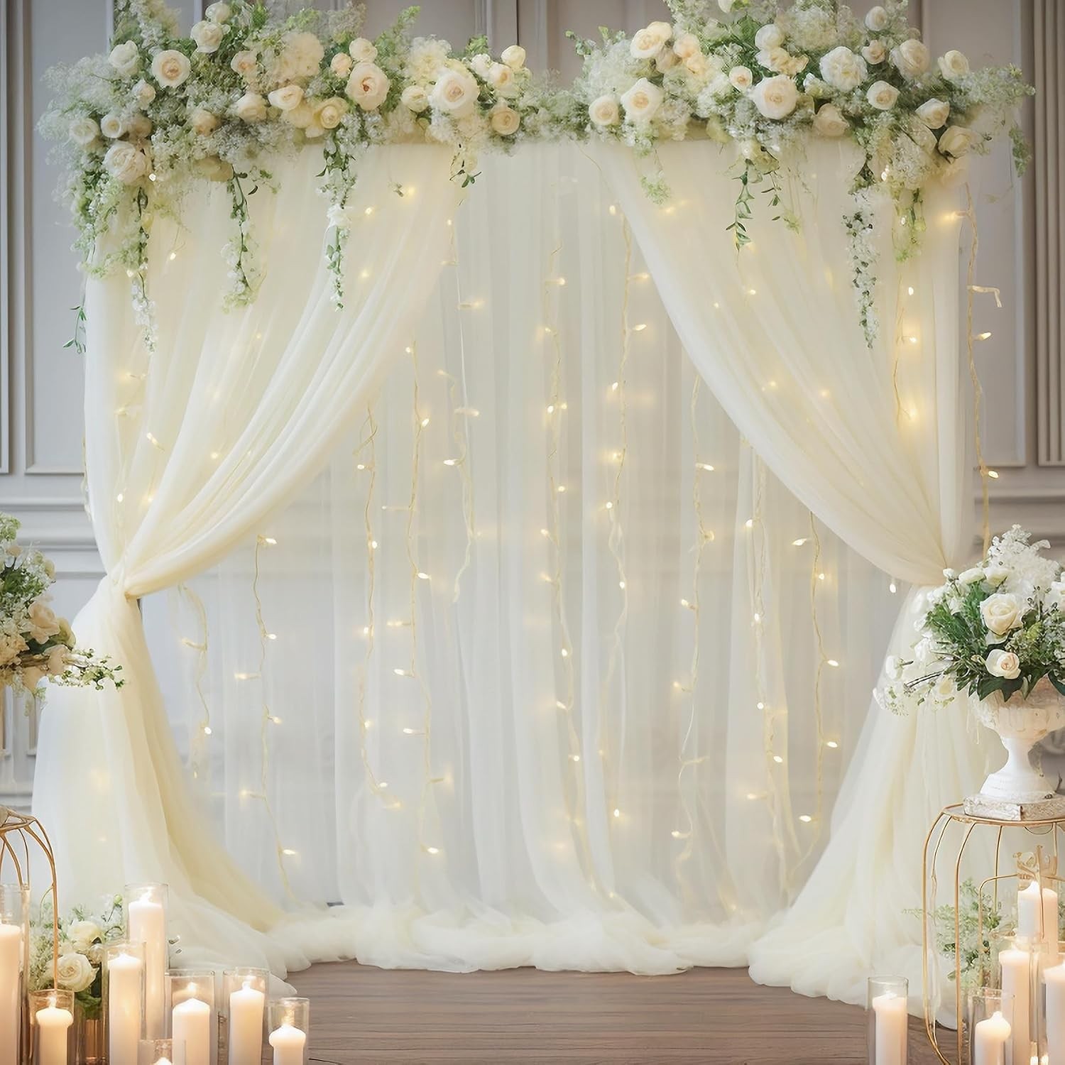 10ft x 10ft Ivory Backdrop Curtain with Lights String for Parties Sheer Tulle