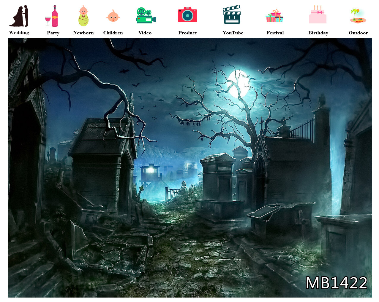 8x5ft Halloween Night Spooky Cemetery Graveyard Vinyl Backdrop Photo Background