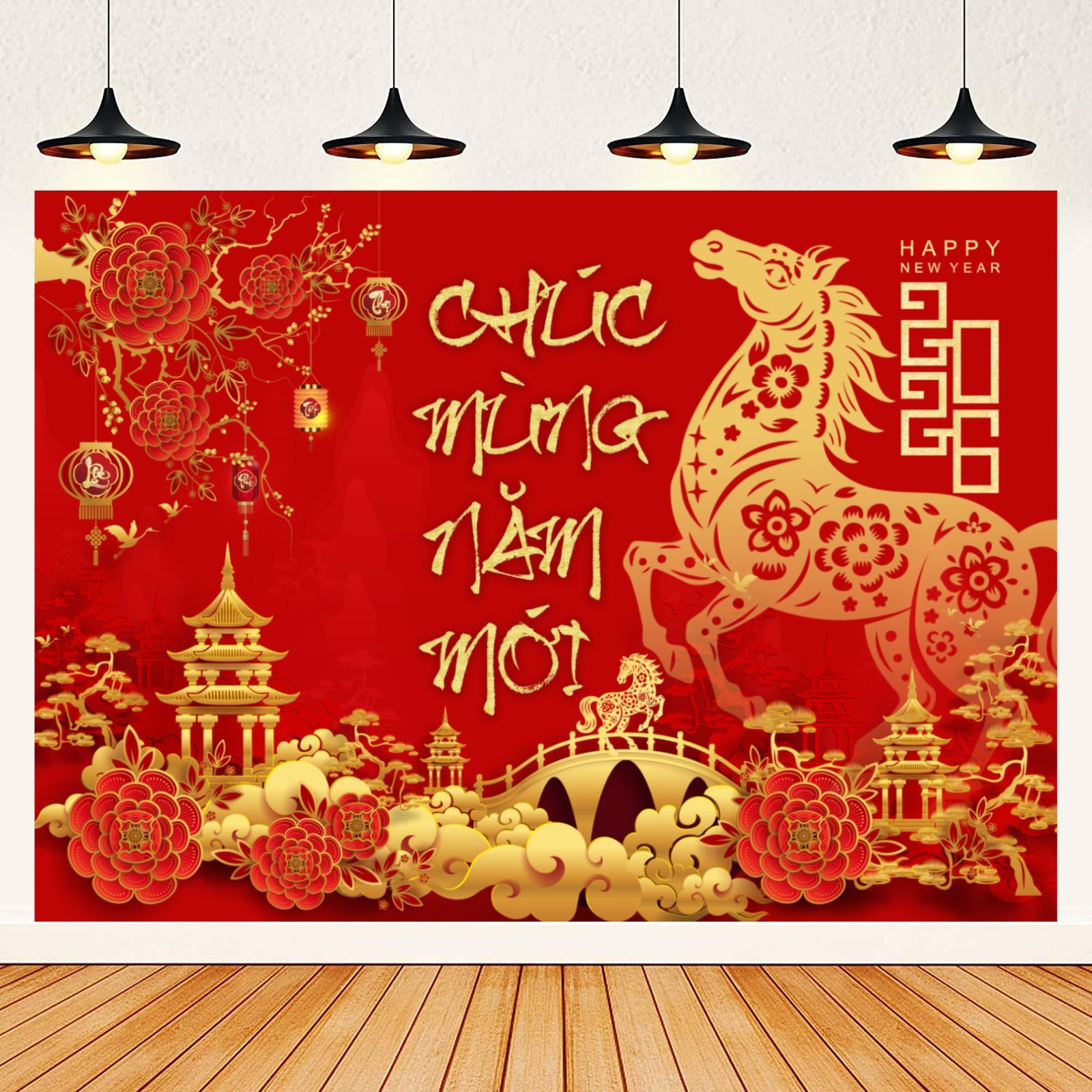 IRCOR TET Decorations 2026 Vietnamese New Year Backdrop with 12 Red 5′ x 7′