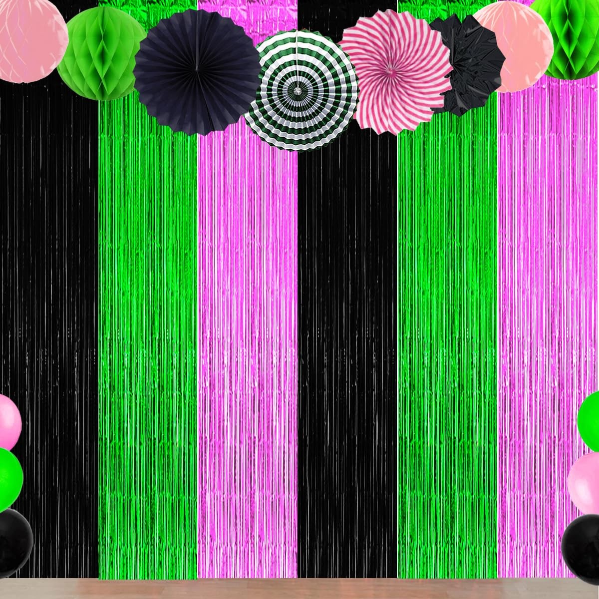3 Pack Foil Fringe Curtain, Black, Pink, Green, Streamers, Halloween, Birthday