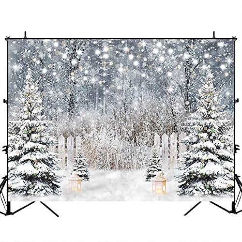 Snowy Forest Pine Tree 8×6 ft Winter Photography Backdrop with Glitter
