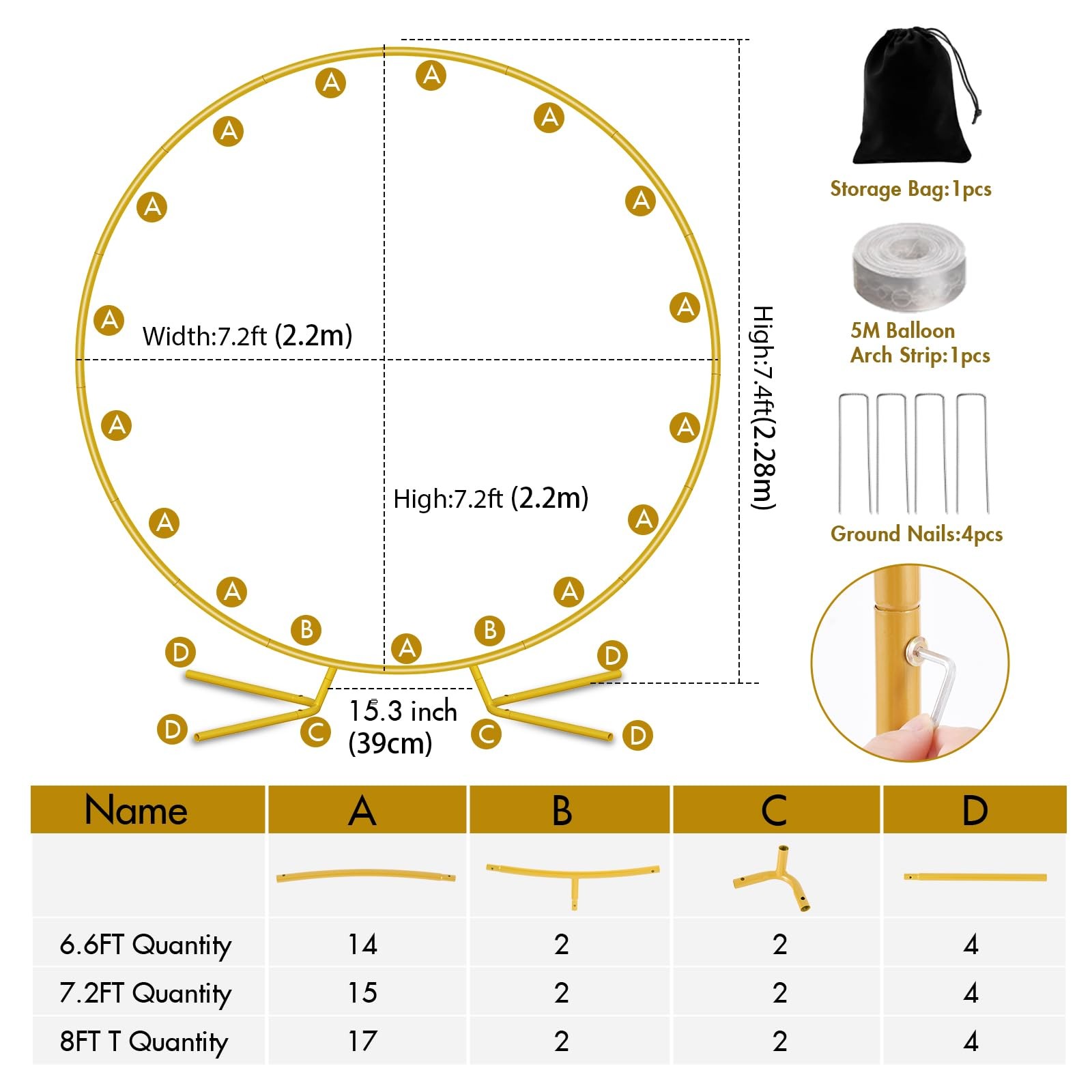 7.2FT Round Backdrop Stand, Circle Gold Balloon Wedding Arch Frame, Metal Wed…