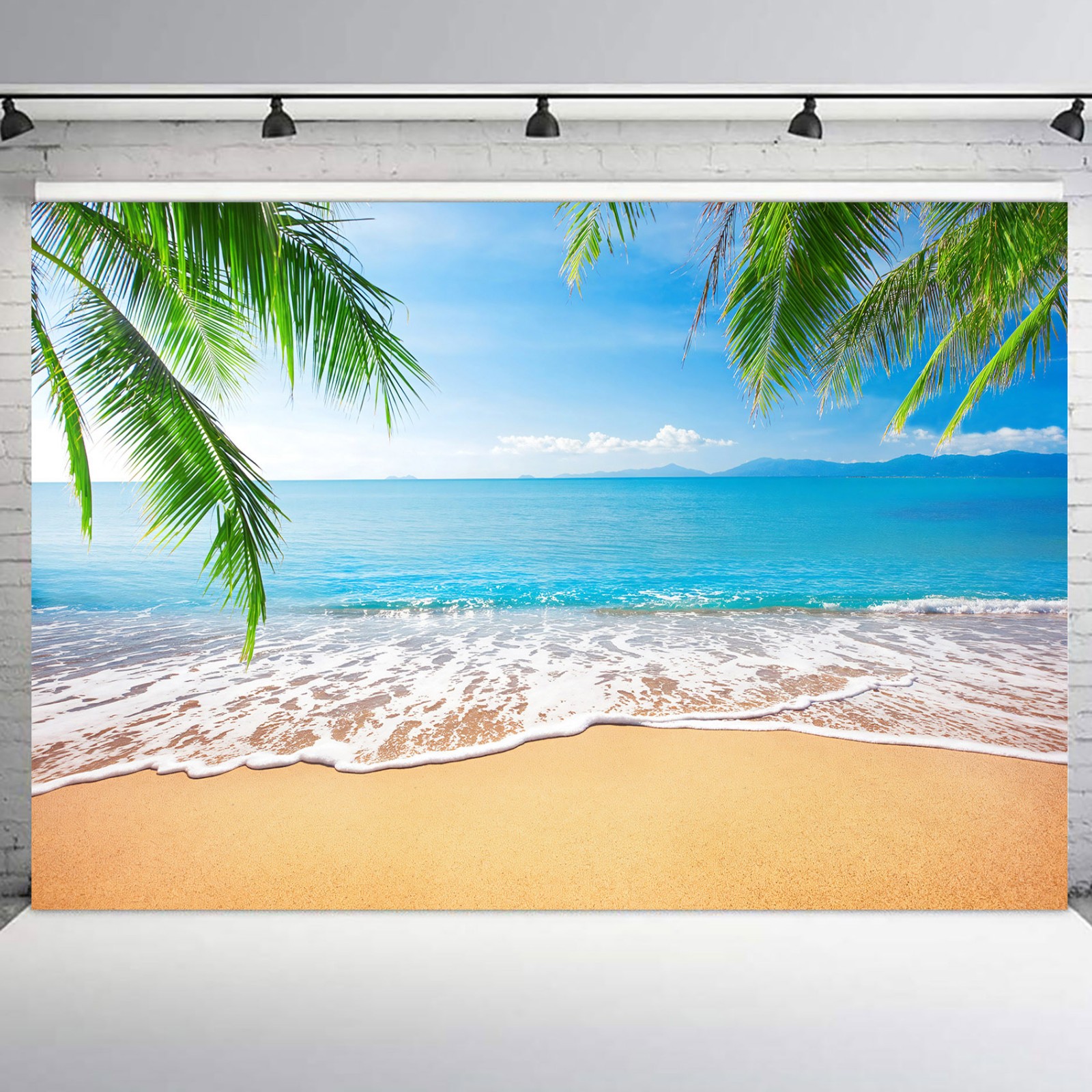 10x8ft Blue Ocean Beach Backdrop Tropical Palm Leaf Background for Photography