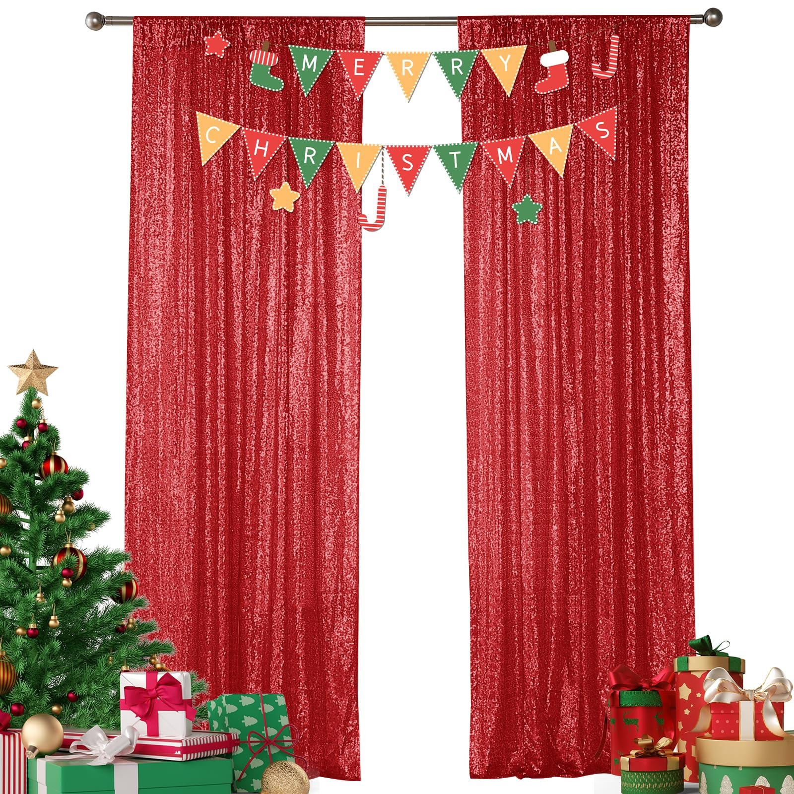 Red Sequin Backdrop Curtain 2 Panels 2FTx8FT Glitter Red Background Drapes Sp…
