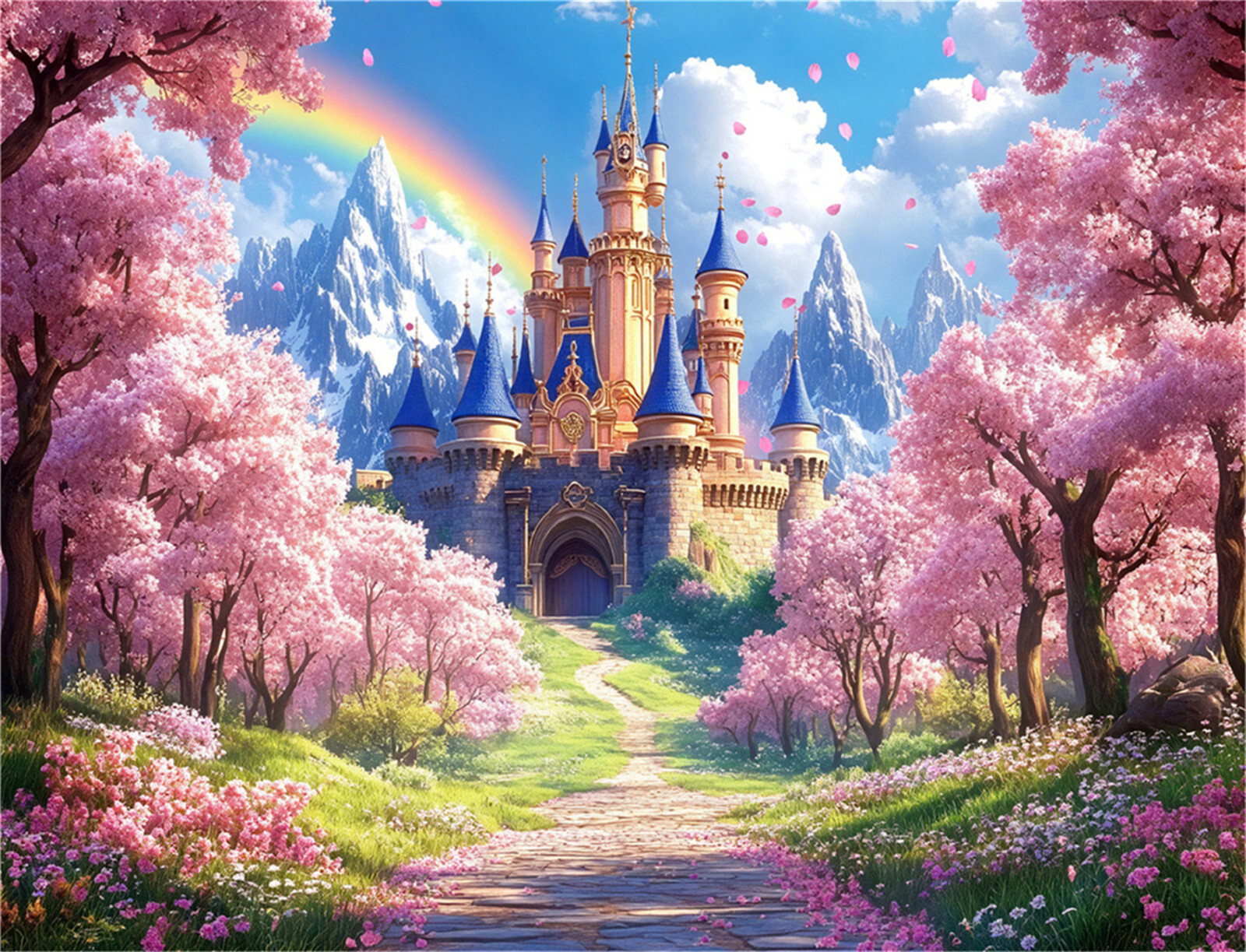 10x8ft Cloud Rainbow Fairy Tale Princess Castle Vinyl Backdrop Photo Background