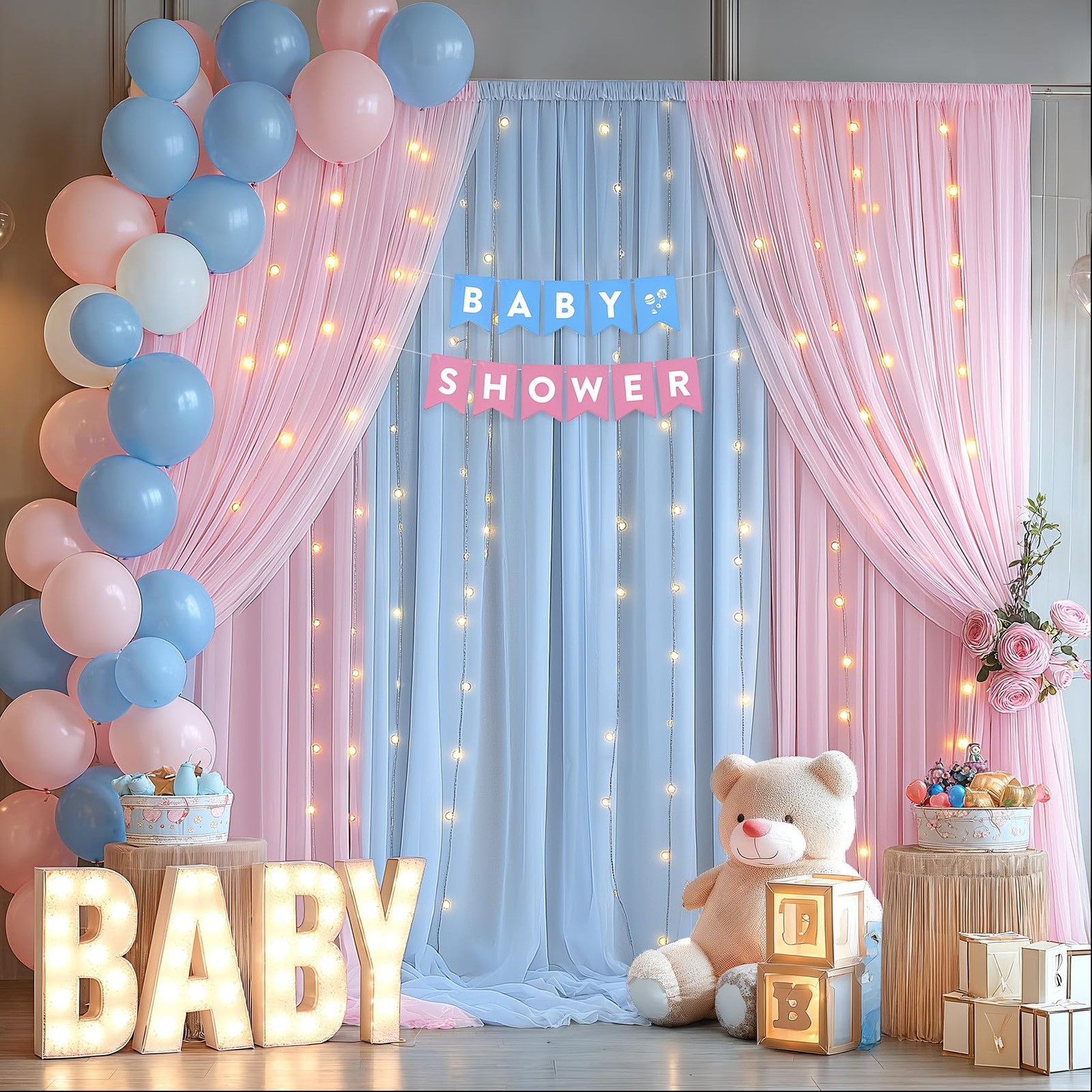 10×10ft Pink Blue Tulle Backdrop Curtain with Lights String for Parties, Shee…