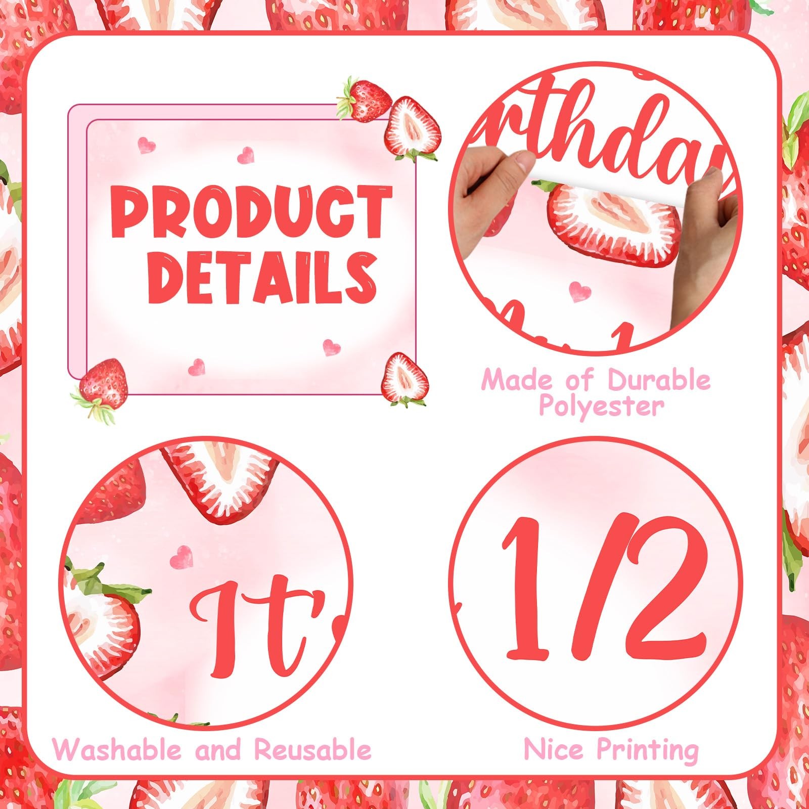 Strawberry 1 / 2 Birthday Party Backdrop 3×5 FT Berry Sweet Half Year Old