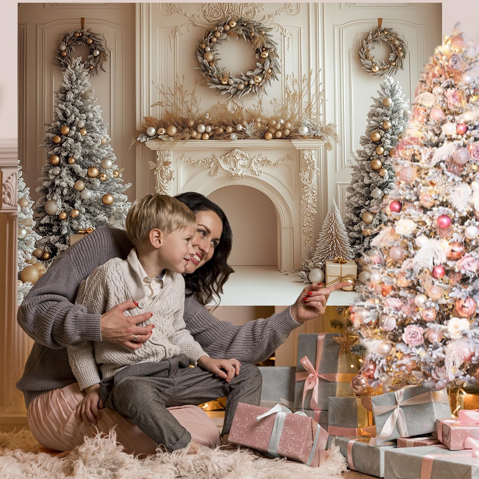 White Gold Christmas Tree Fireplace Holiday Photography Backdrop 7x5ft Mat