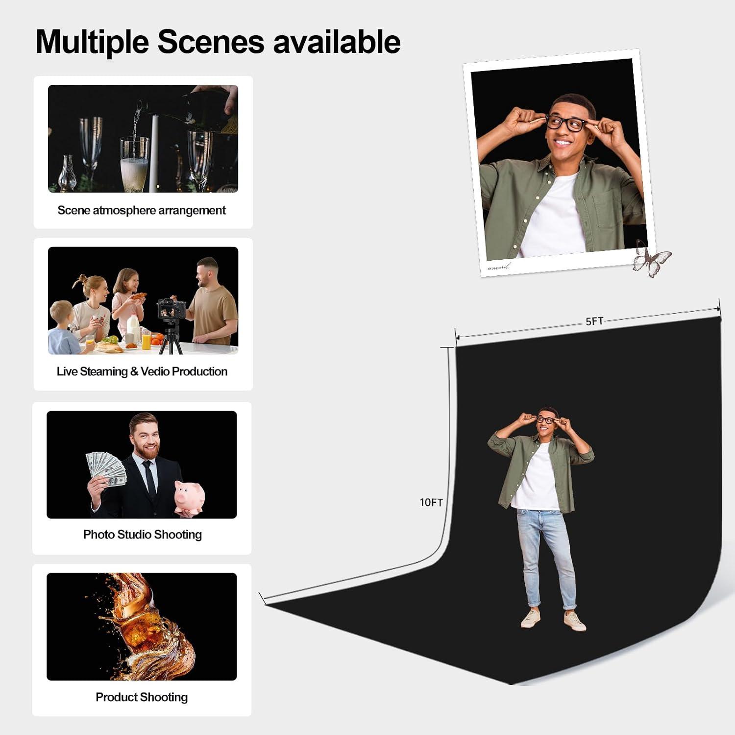 5X10FT Black Velvet Backdrop Screen, Pure Black Background Screen