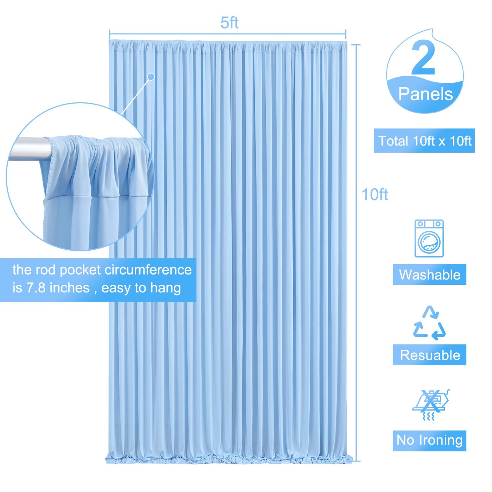 10x10ft Baby Blue Backdrop Curtain 2 Panels 5x10ft Fabric Drapes Party Set