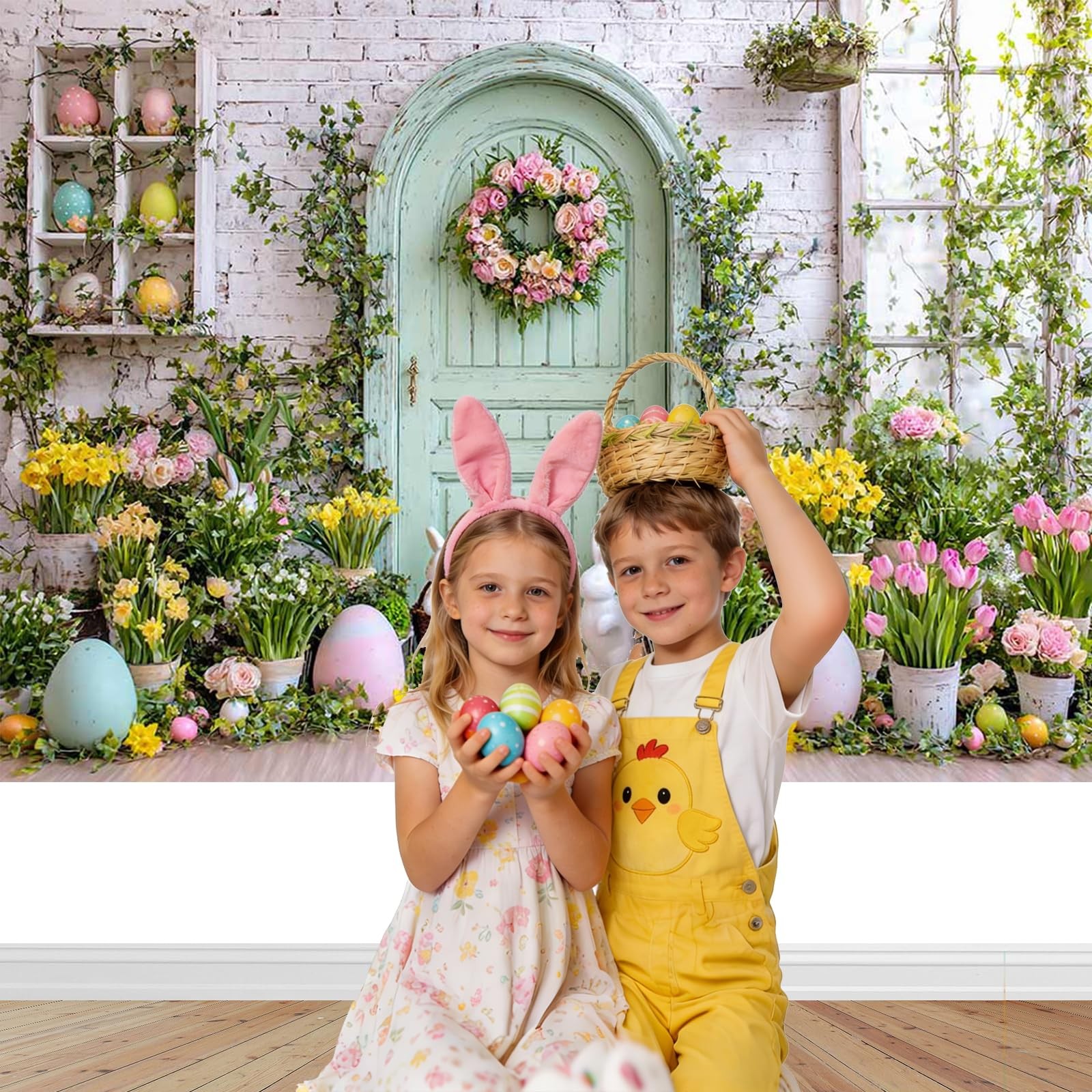 Spring Easter Backdrop 7x5ft – Green Wooden Wall Floral Photography Background D