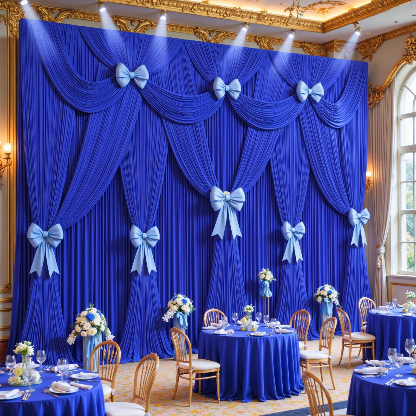 50ftx12ft Wrinkle Free Royal Blue 5′(W) x 12′(H), 10 panels,