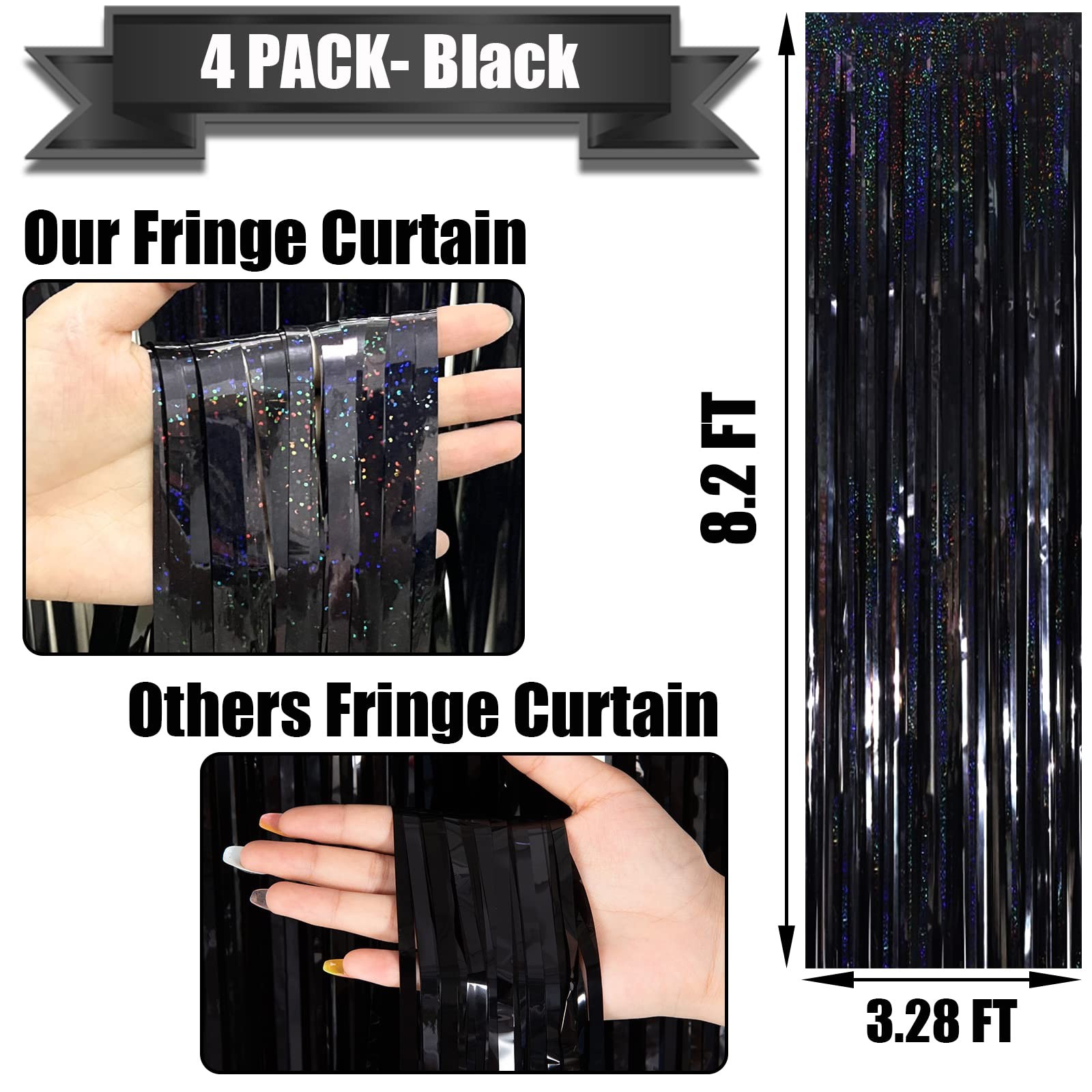 Black Tinsel Foil Fringe Curtain Backdrop Metallic Streamers 4 PCS