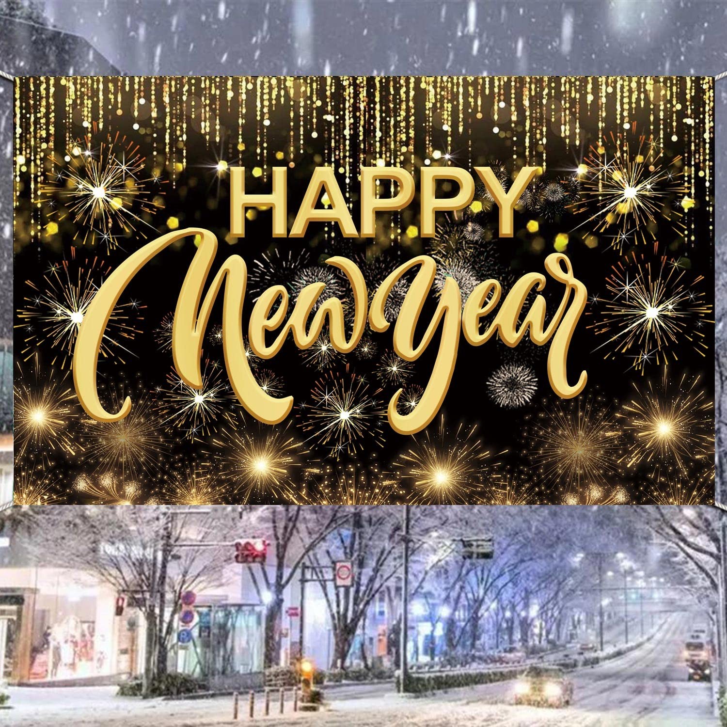 Happy New Year Hanging Extra Large Fabric 43.3 inches x 70.8 inches, Gold