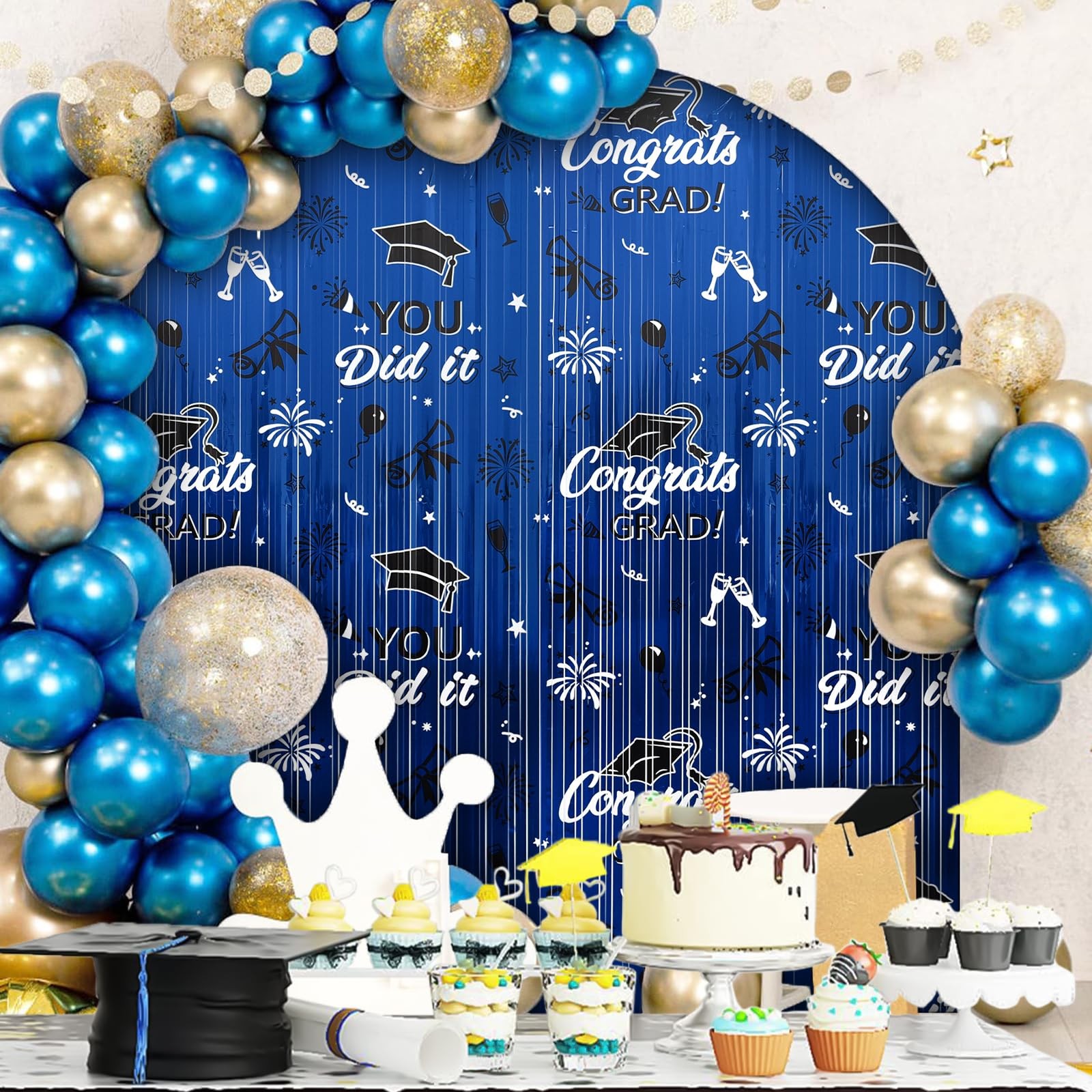 2025 Graduation Foil Fringe Curtains 2 Pack 3.2×6.5 ft Blue Black Graduation …