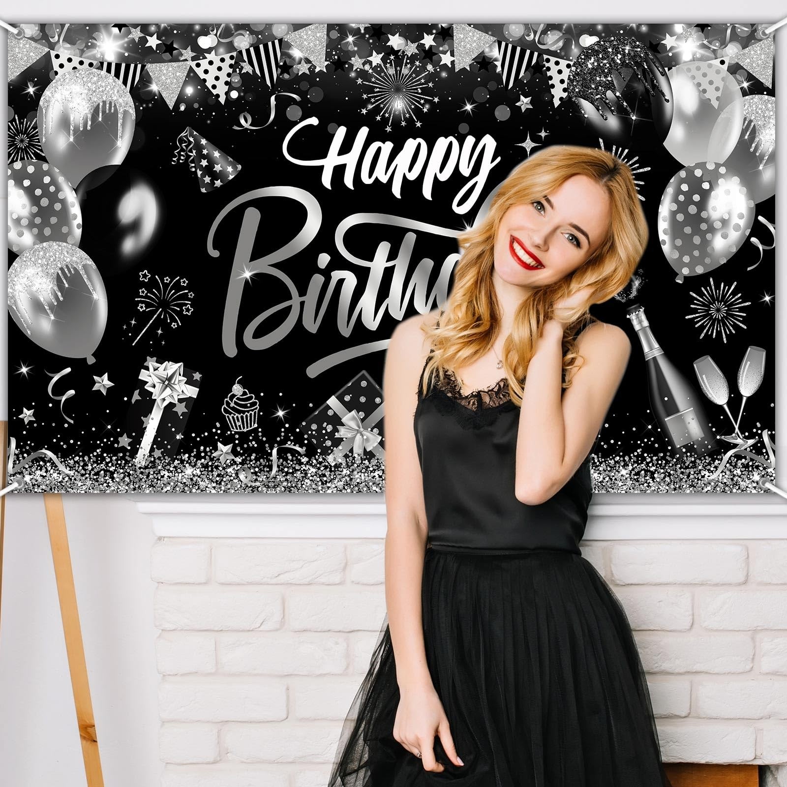 Black Silver Birthday Banner Birthday Decorations for Men Boys Silver Glitter…