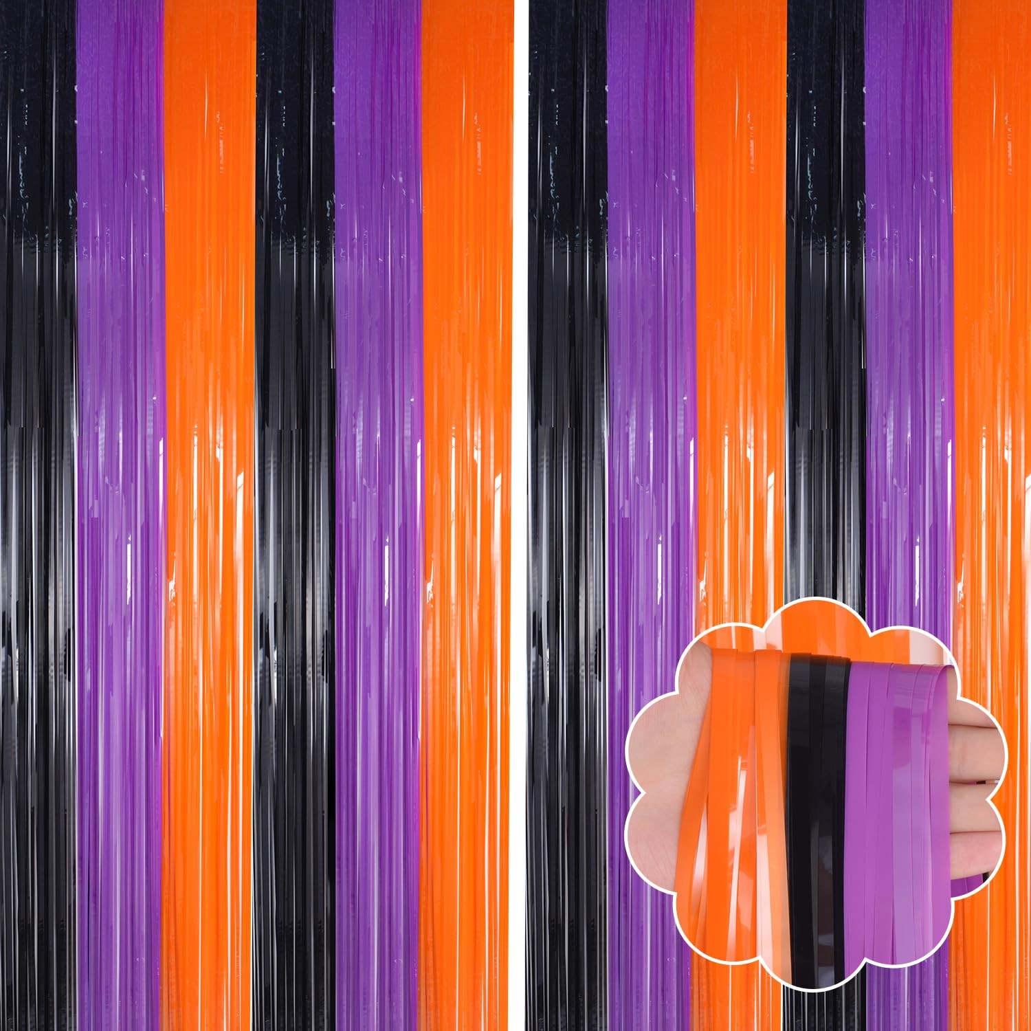 2 Pack Orange Purple Black Halloween Party Decor Foil Fringe Backdrop Curtains