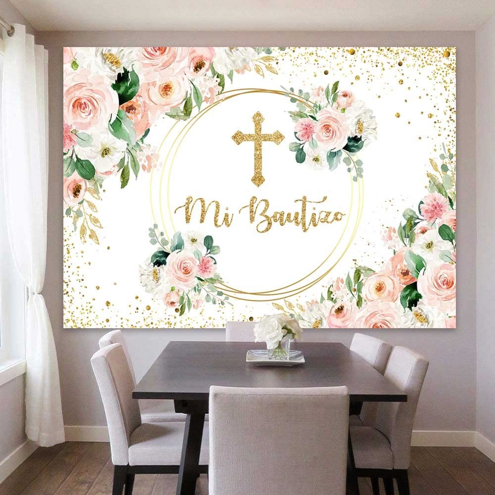 Spanish Mi Bautizo Girl Pink Floral Gold Glitter Baptism Backdrop 7x5ft Mat
