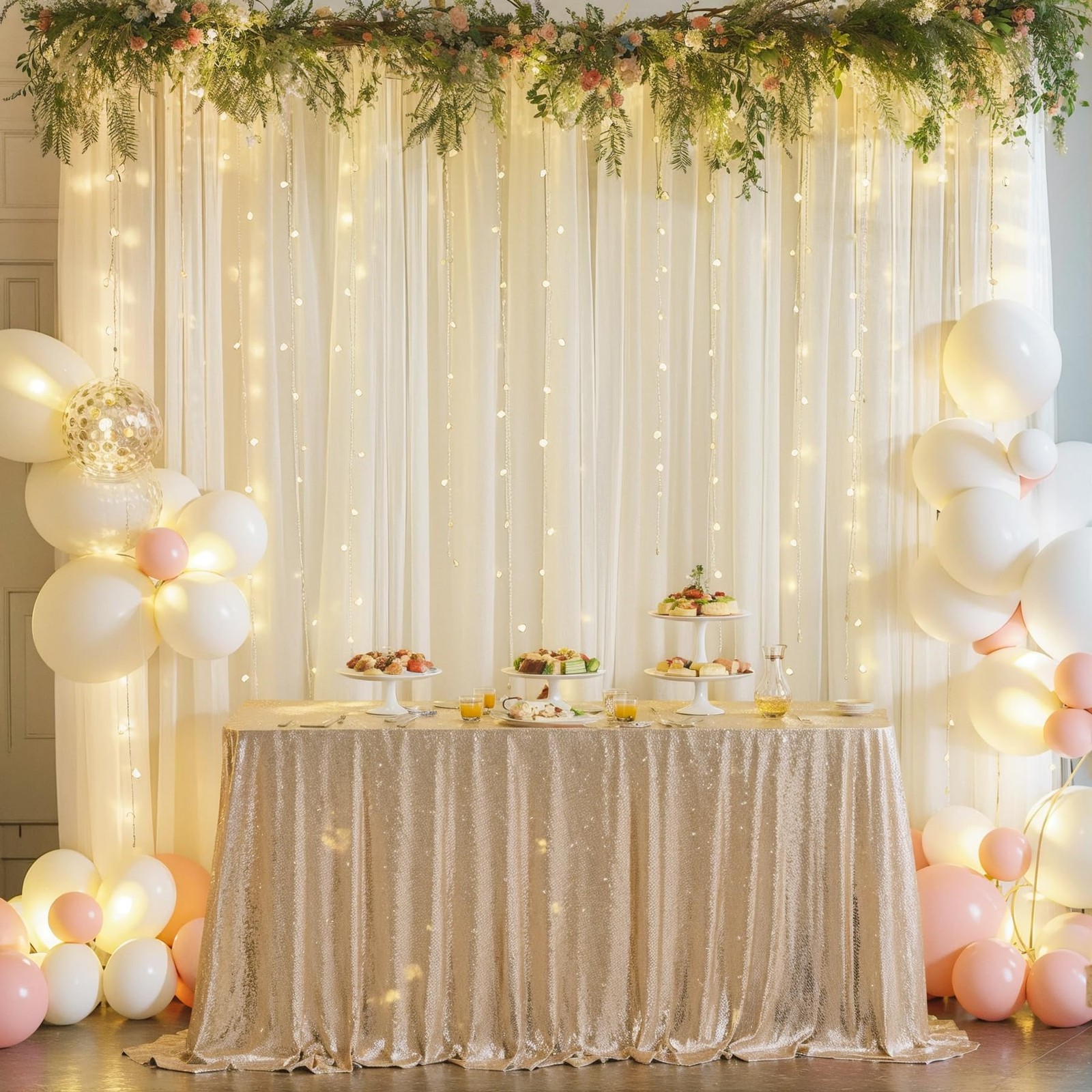 10x7ft Ivory Chiffon Backdrop Curtain With Lights String Wedding Decor