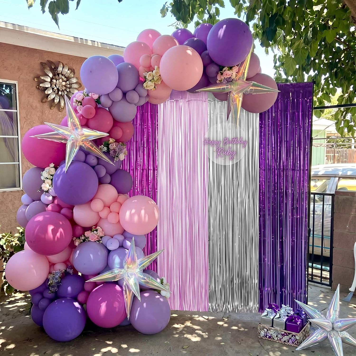 4Pcs Purple and Silver Party Decorations 6.6Ft Fringe Curtains Decorations Purpl