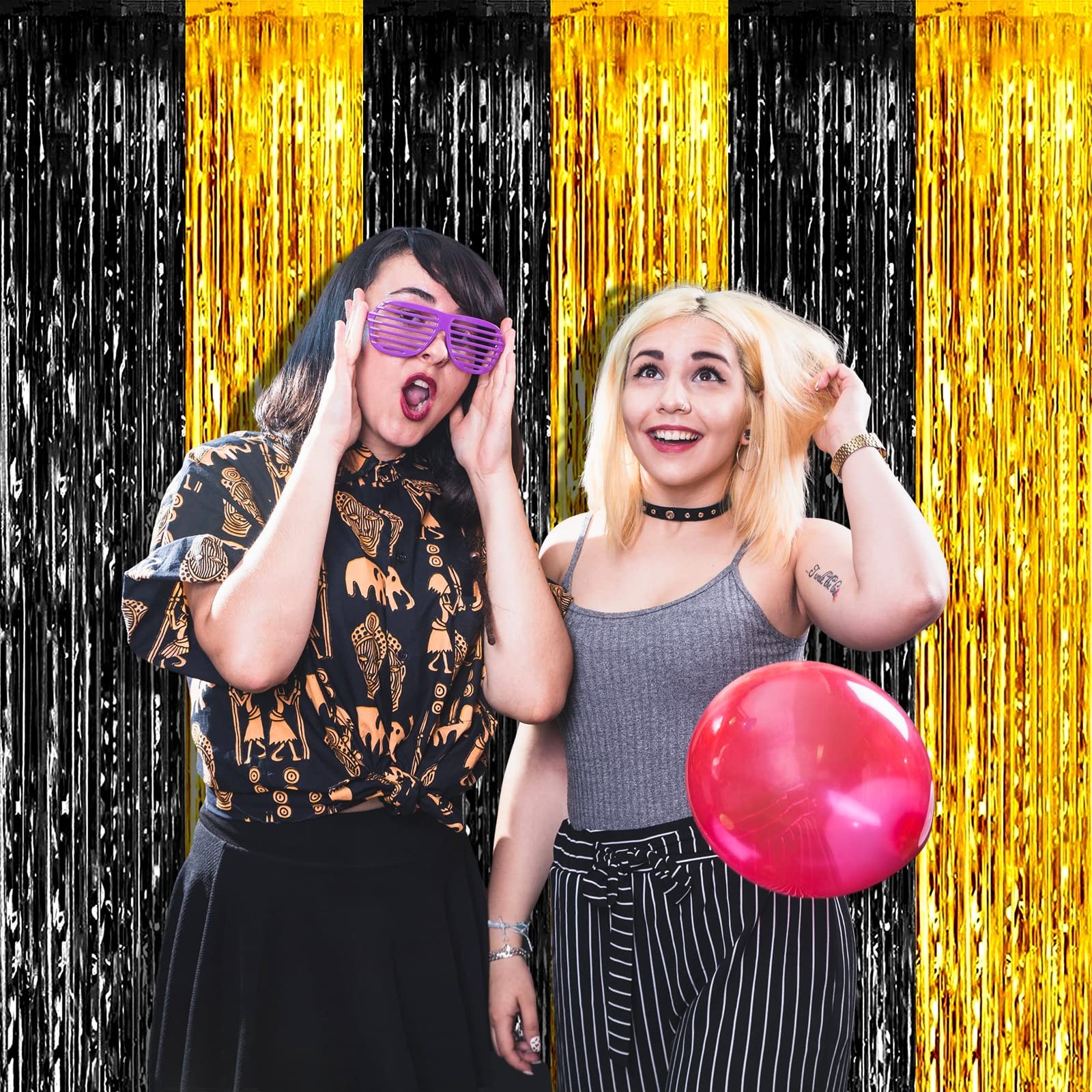 4 PCS 3.2×9.8Ft Black Gold Foil Fringe Curtain Backdrop Metallic Tinsel