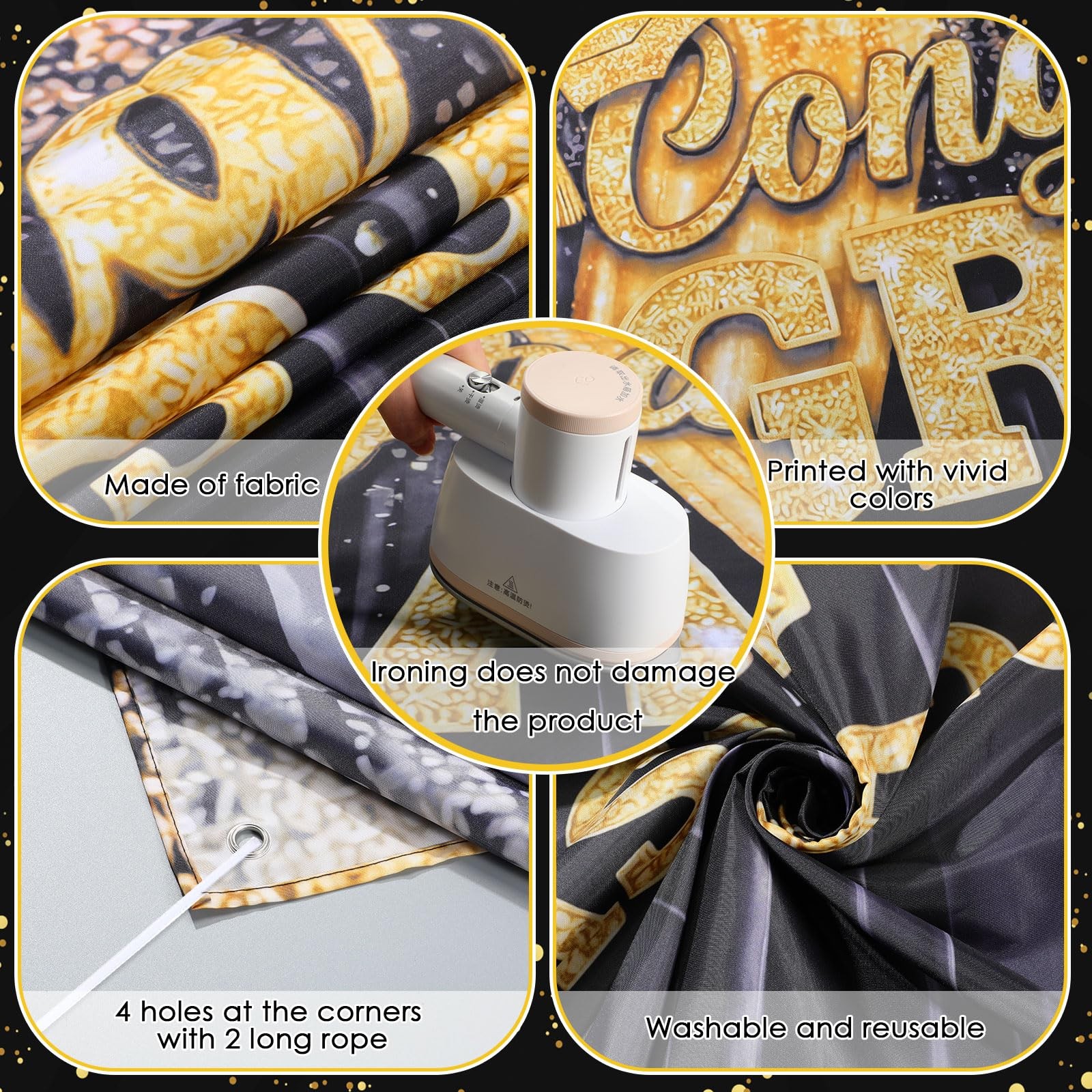 Large Class of 2026 Graduation Backdrop 5.9 x 6.6 ft Black Gold Congrats Grad…