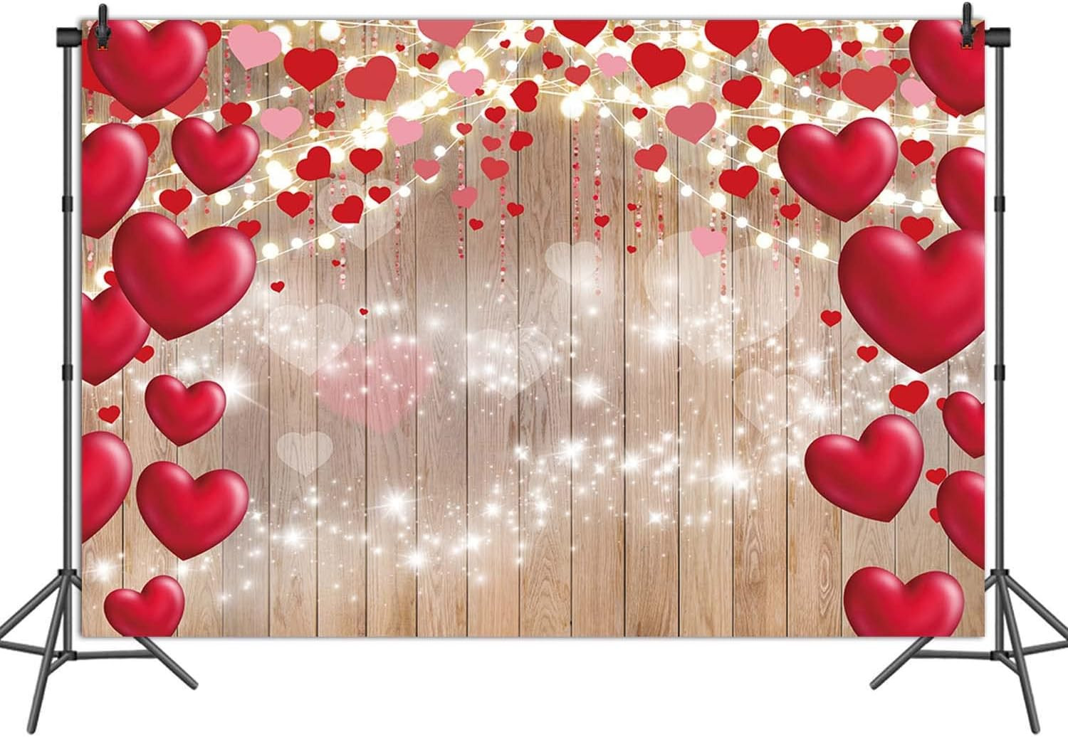 Valentine’s Day Photography Backdrop Rustic Wood Glitter Lights Red Love Heart..