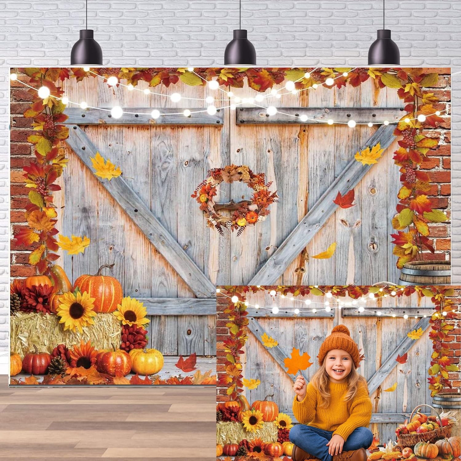 8×6 FT Fall Thanksgiving Backdrop Autumn Pumpkin Harvest Barn Door Photography