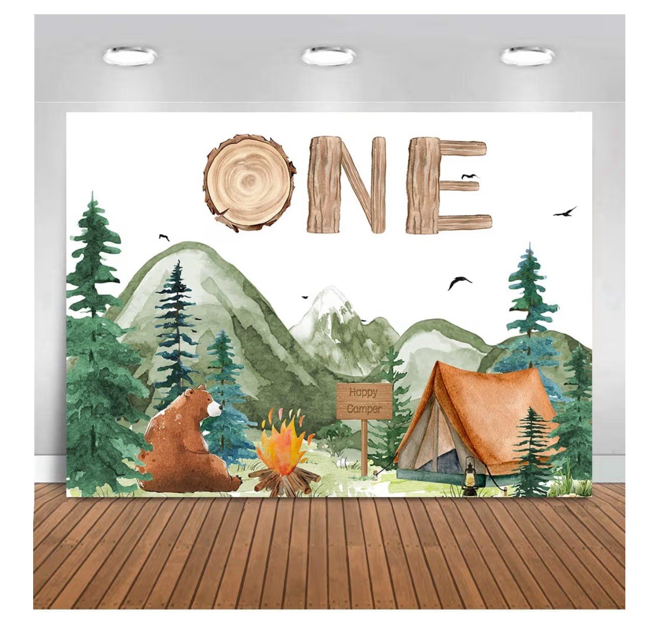 Camping Bear Mountain Cartoon Birthday Backdrop, Multicolor, Happy Camper Theme